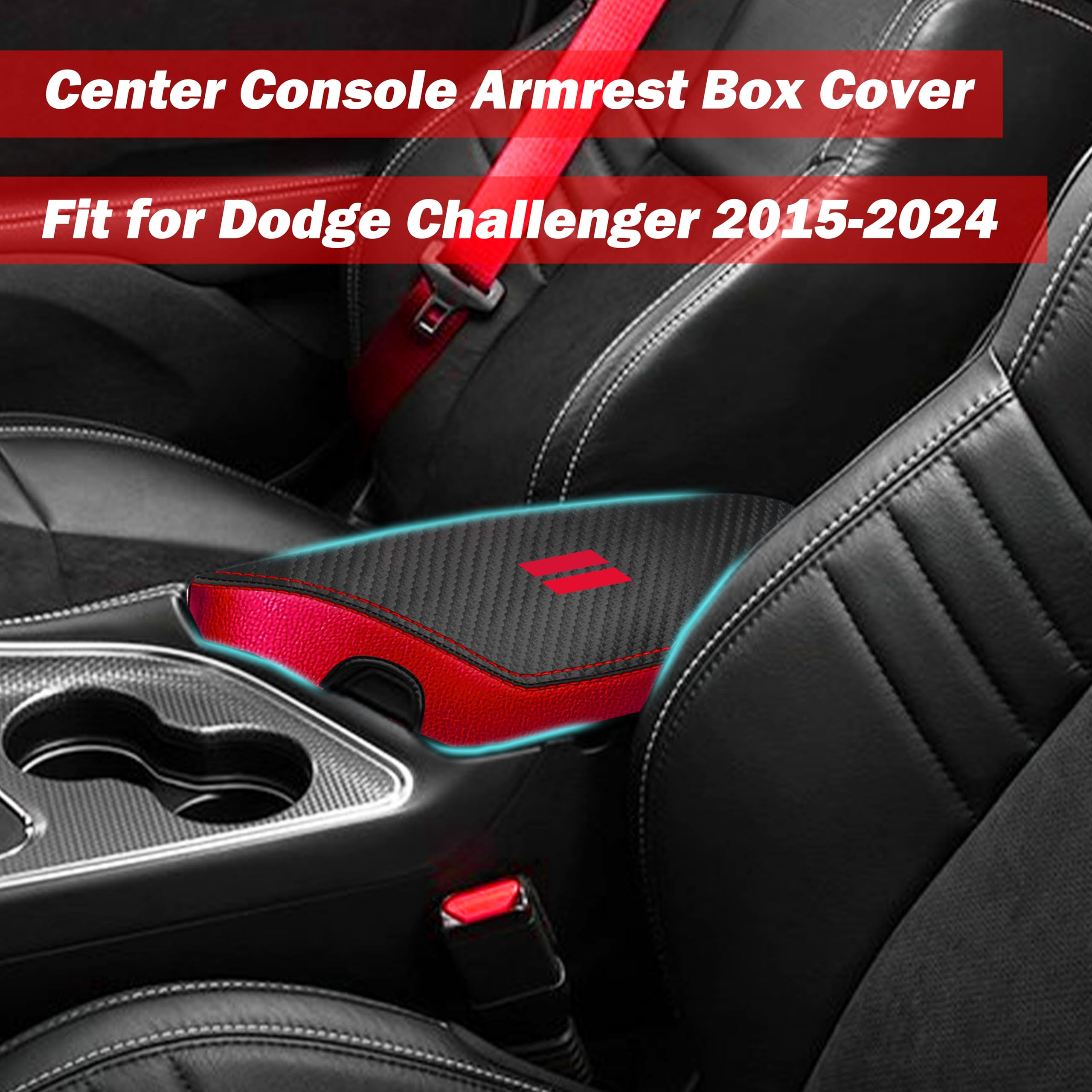 YOSRTER Per Dodge Challenger Accessori 2015 2016 2017 2018 2019 2020 2021 2022 2023 2024 Copertura per bracciolo centrale in pelle antigraffio (fibra di carbonio con finiture rosse)