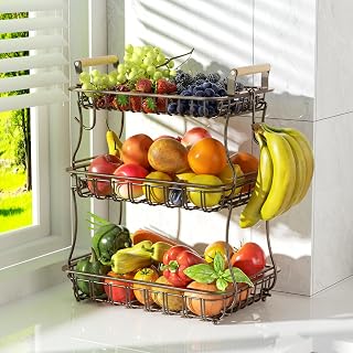 3 Tier Fruit Basket, Mesh Tier & 2 Banana Hanger & Wooden Handle, Fruit Bowl for Kitchen Counter, Stackable & Detachable Rectangular Fruit Storage Rack Stand Organizer for Bread Veggies Produce