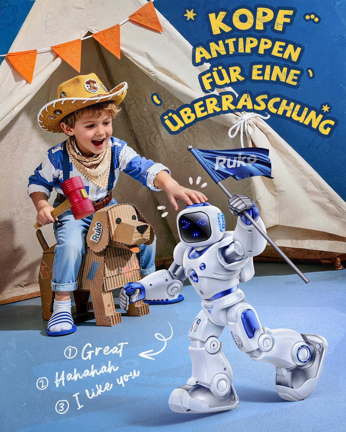 Ruko 1088 Intelligenter Roboter für Kinder, Großer programmierbarer interaktiver RC-Roboter mit Sprachsteuerung und App-Steuerung, Roboter Spielzeug für Kinder von 4–9 Jahren, Blau
