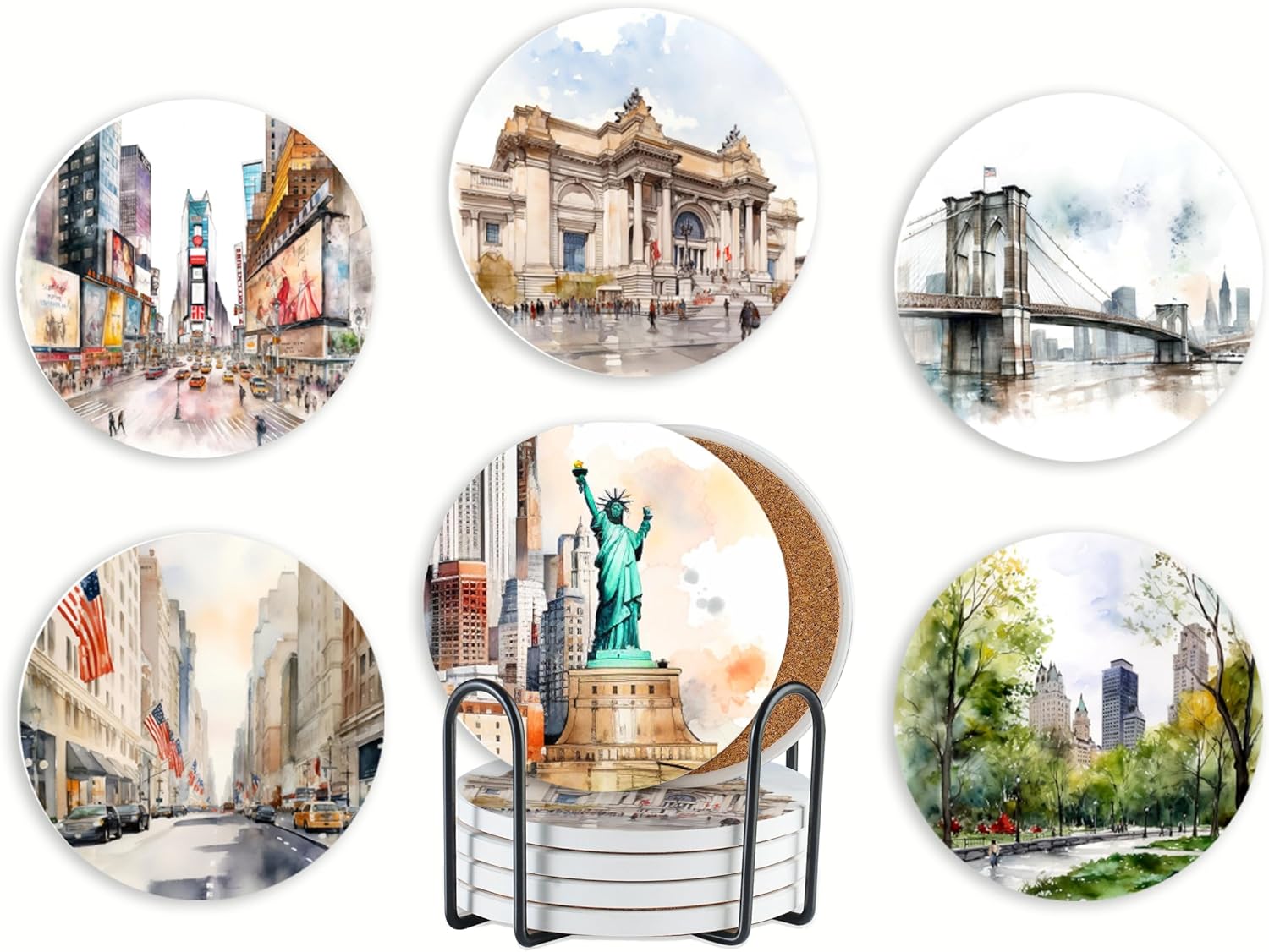 New York City Skyline Gifts, New York City Coasters for NYC Lovers, Skyline Map Coaster, Set of 6 with Gift Box, Absorbent with Cork Base, Home Decor for Housewarming, Birthday, Christmas
