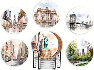 New York City Skyline Gifts, New York City Coasters for NYC Lovers, Skyline Map Coaster, Set of 6 with Gift Box, Absorbent with Cork Base, Home Decor for Housewarming, Birthday, Christmas