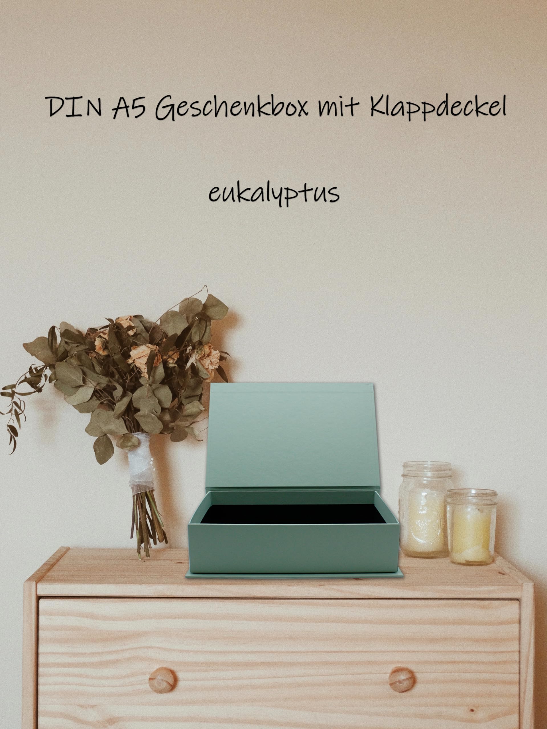 NEUSER PAPIER Caja de regalo con tapa abatible, 8 unidades, DIN A5, tapizado en eucalipto, interior negro, 245 x 165 x 65 mm, caja de almacenamiento