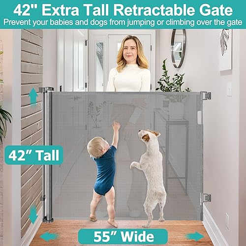 Miniatura 2 de Puerta de bebé extra alta de 42 pulgadas para escaleras de 55 pulgadas de ancho, puertas retráctiles de malla antiarañazos para niños o mascotas,