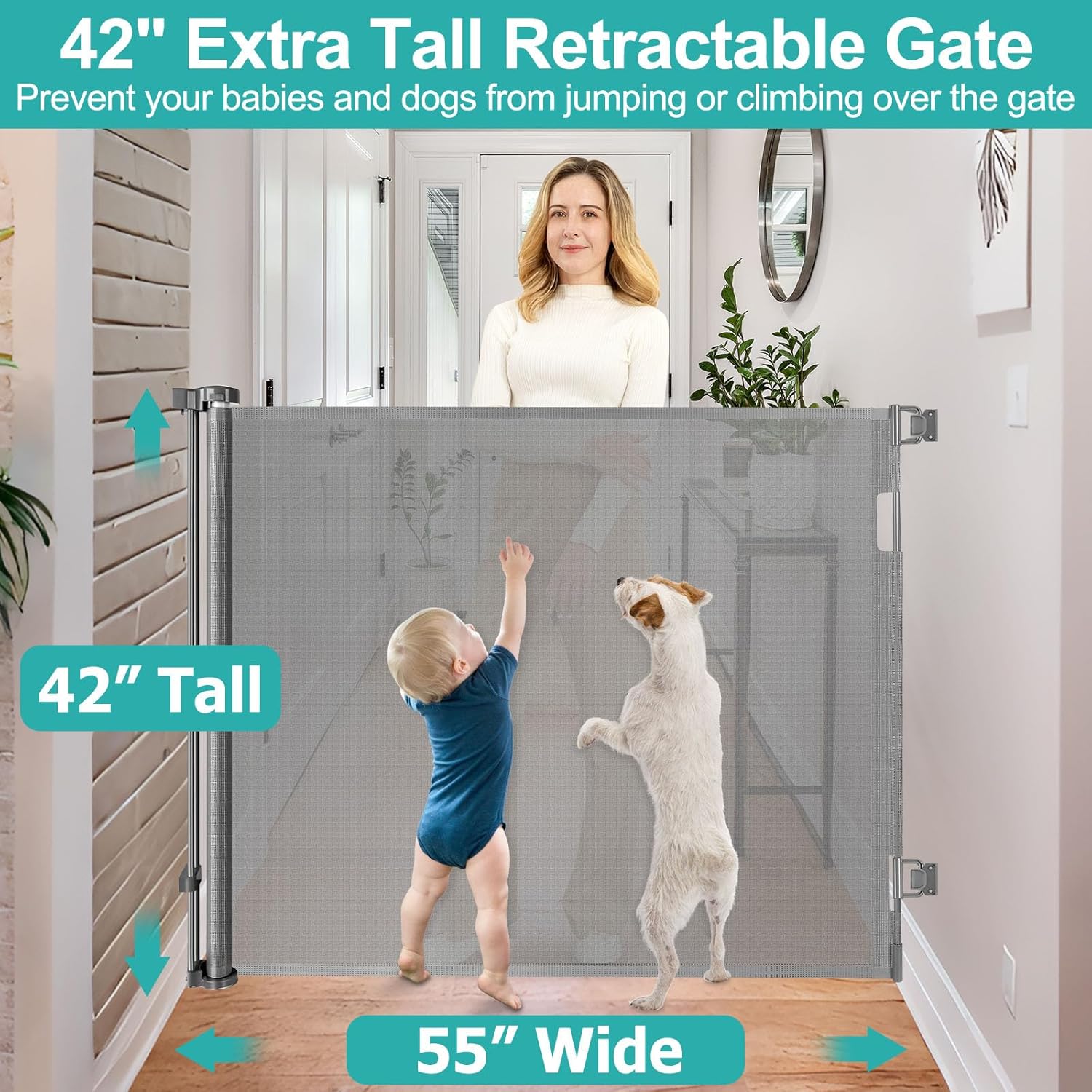 42 Inch Extra Tall Baby Gate for Stairs 55” Wide Retractable Anti-Scratch Mesh Gates for Kids or Pets Extra Tall Puppy Gates for The House One-Hand Operation Retractable Dog Gate for Doorway, Gray