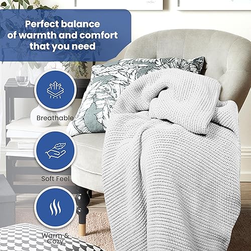 Miniatura 4 de Linteum Textile Supply Leno Weave - Manta blanca de 100 % algodón, ligera, cálida, extra esponjosa, duradera, suave y acogedora para cama, sofá,