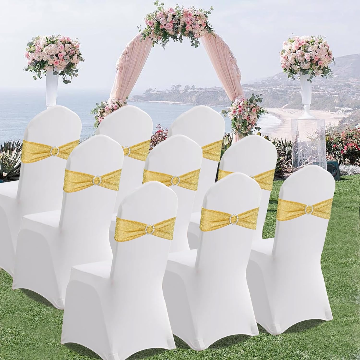 Eternal Beauty Set of 50 Gold Chair Band Bow Spandex Chair Sashes for Wedding Decorations