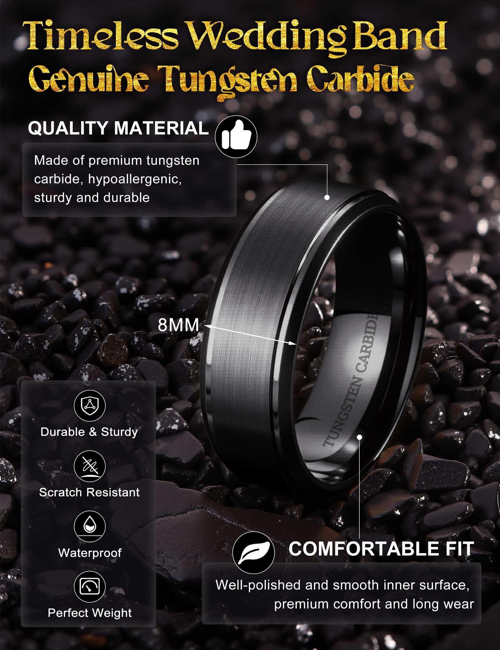 Jstyle Tungsten Wedding Rings for Men Women 8MM Mens Wedding Band Black/Silver/Gold Mens Rings, Matte Surface Polished Edge Engagement Promise Men Ring Jewelry Comfort Fit 6-14