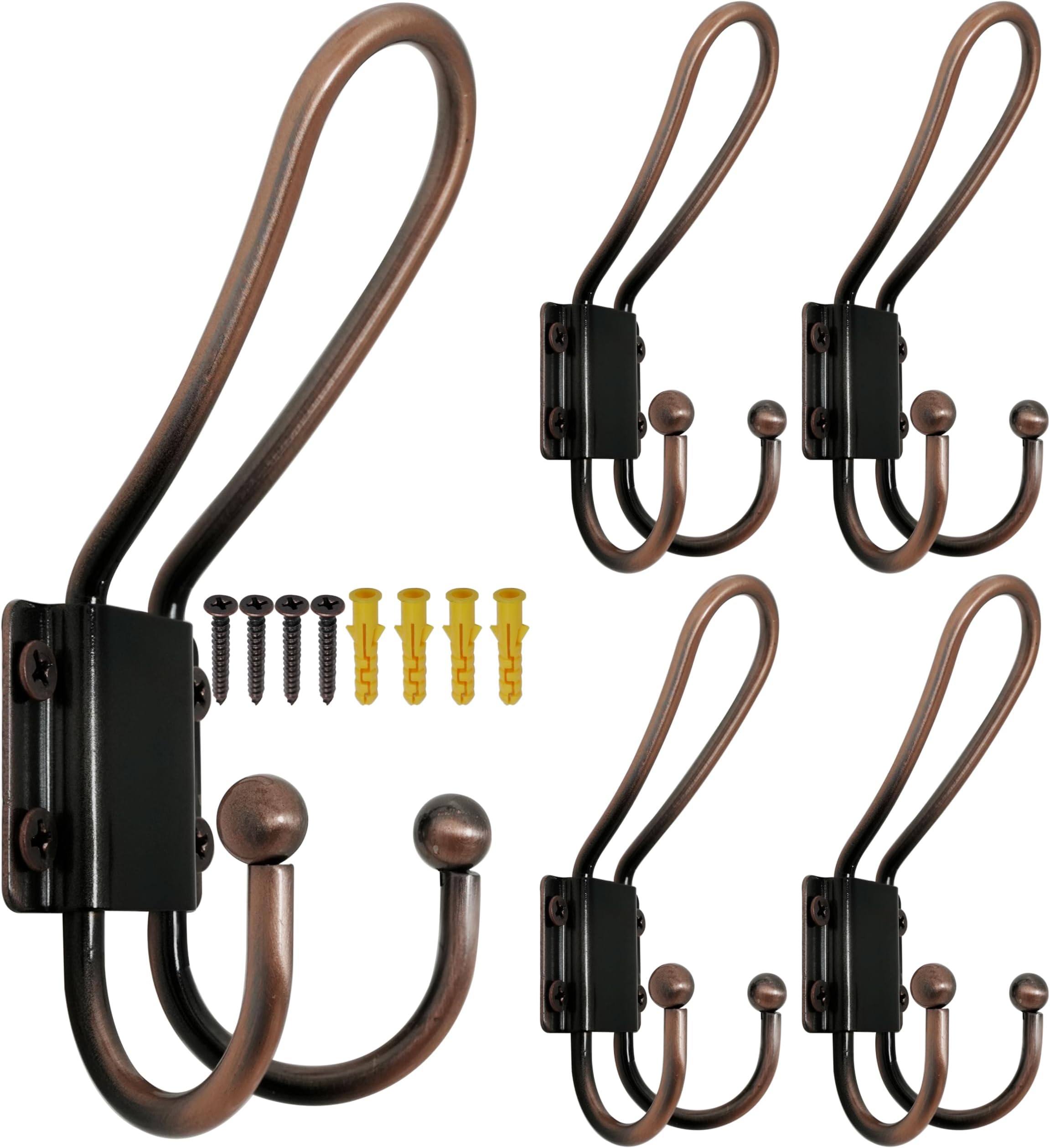 WEBI Coat Hooks Wall Mount,5 mm Thick,5 Large Rustic Triple Hooks,Heavy Duty Metal Vintage Backpack Wall Hooks for Hanging Clothes,Robe,Towel,Closet,Farmhouse,Mudroom,Antique Copper