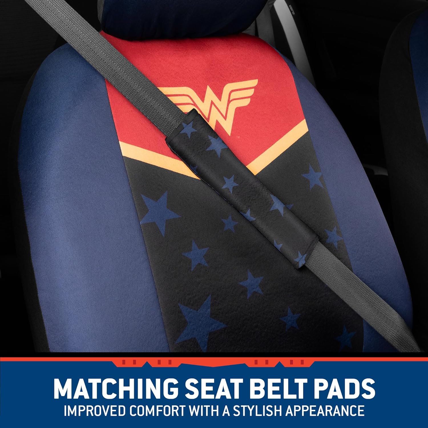 BDK Warner Bros DC Comics Wonder Woman Car Accessories Seat Covers - Front Pair Includes Removable Head Cover, Matching Seat Belt Pads, Side Airbag Compatible, Universal Fit, Waterproof