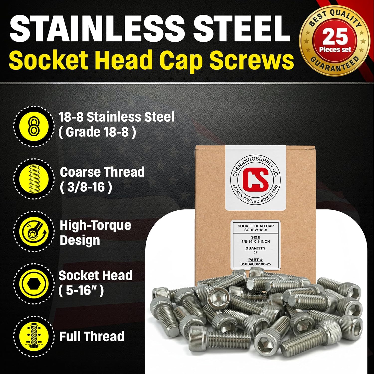 Chenango Supply Stainless 3/8-16 x 1 Socket Head Cap Screws – 18-8 Grade, Full Thread, Hex Drive 5/16, Coarse Thread, High-Torque Socket Head Cap Screws, 25 Pieces (3/8-16 x 1)