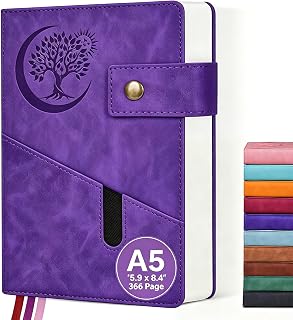 PAIBAS A5 Journal Notebook College Ruled 366 Page Leather Journal for Women | Medium notebook A5 journal with 100gsm lined notebook paper, 3 ribbon bookmarks, cover pocket & brass snap button 5.9"x8.4"