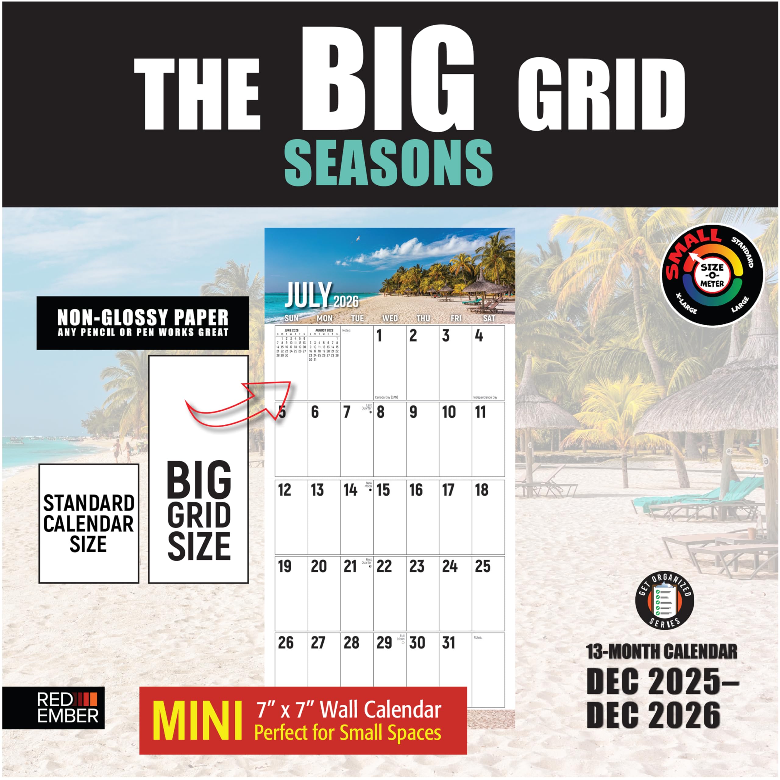 RED EMBER The Big Grid - Seasons 2026 Mini Wall Calendar 12 Month | 7" x 14" Open | Thick & Sturdy Paper | Holiday Gift | Jumbo Large Print Calendar 2026