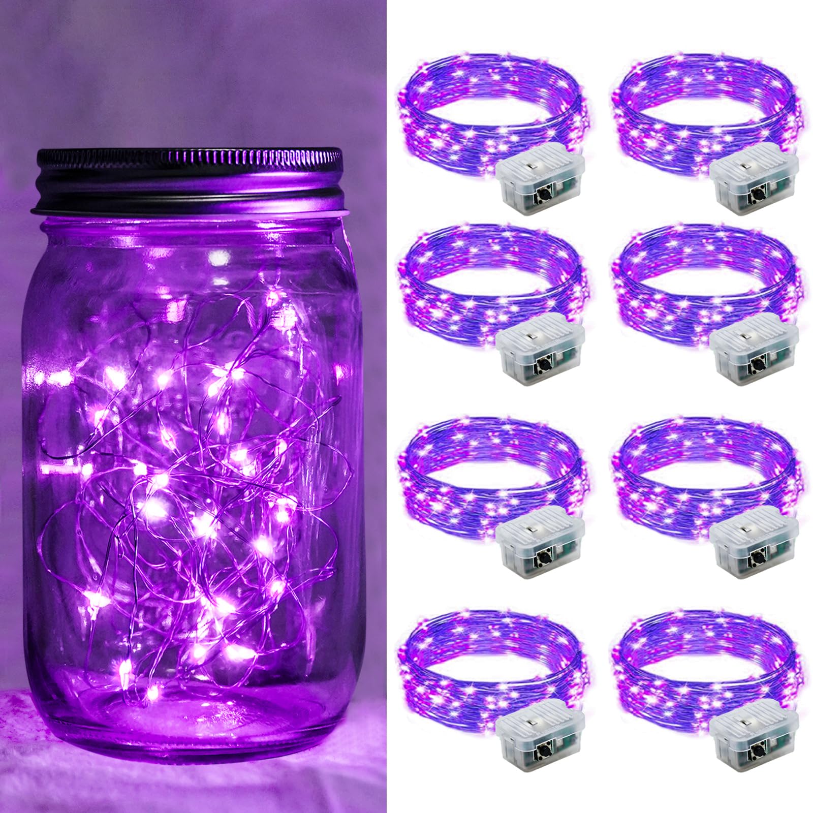 8 Pack Purple Fairy Lights 7Ft 20 LED Twinkle String Lights 3 Modes Battery Operated Waterproof Firefly Starry for Mason Jar Wedding Halloween Christmas Valentines Day Party Table Centerpieces