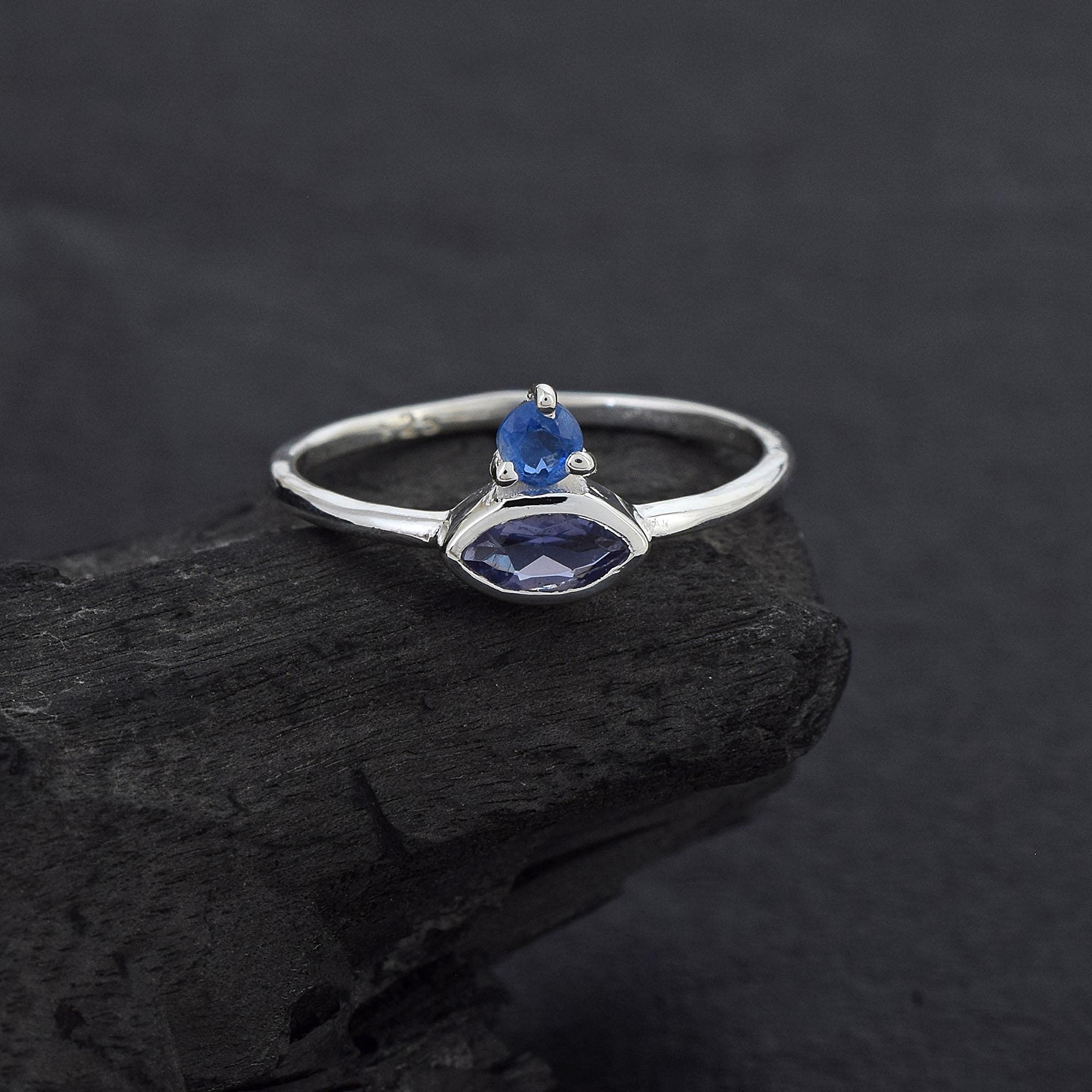 Anello da donna in argento Sterling 925 con zaffiro blu, anello con pietra portafortuna di settembre, anello in argento minimale marquise e rotondo, gioielli fatti a mano