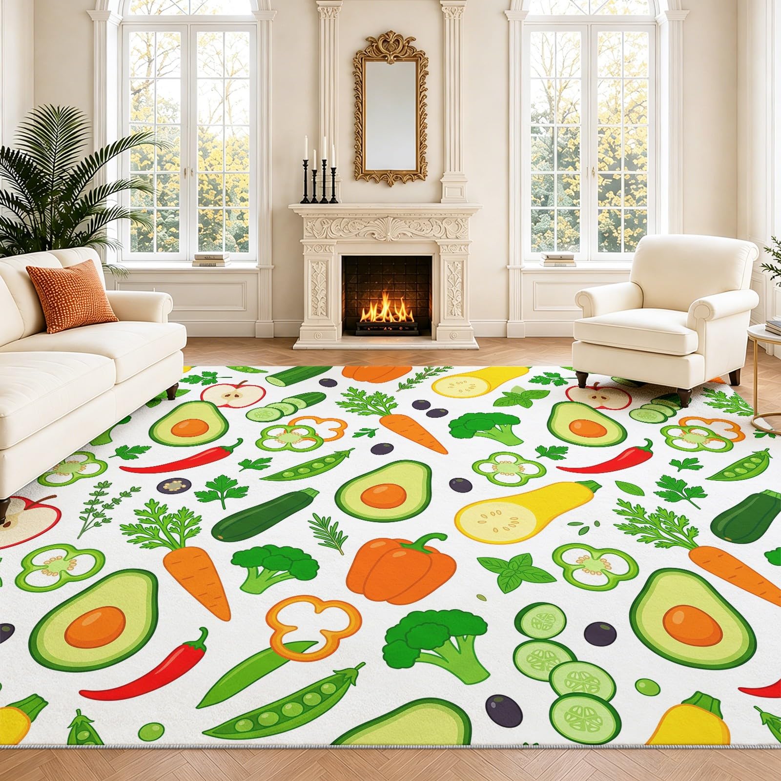 Alfombras lavables para sala de estar, 150 x 210 cm, alfombras esponjosas para dormitorio, antideslizantes, de pelo bajo, suaves, frescas, naturales, frutas, verduras, con patrón colorido, alfombras