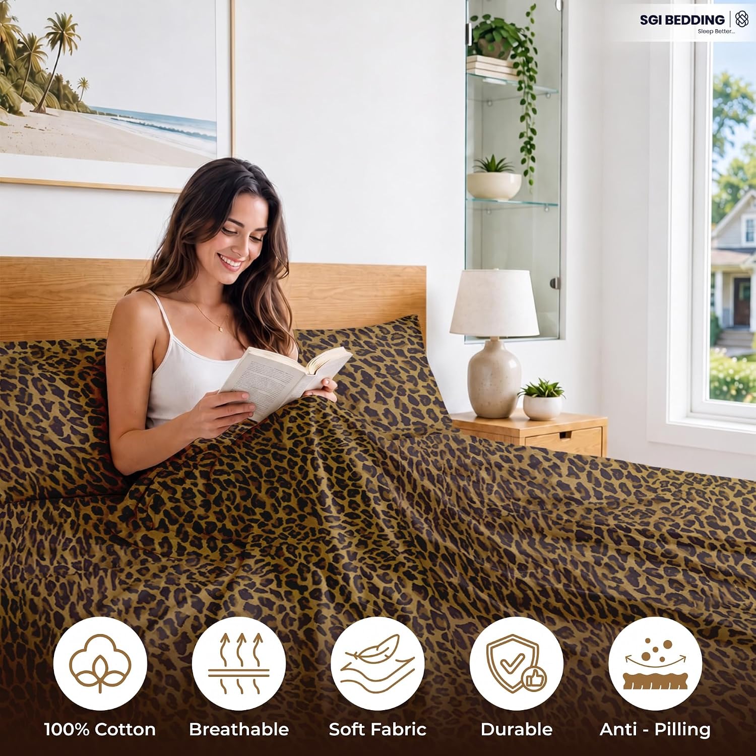 SGI bedding 100% Egyptian Cotton Sheets King Size – 600 Thread Count Sheets Set, Soft, Cooling, 15" Deep Pocket, Luxury Hotel Bedding, Breathable, Durable - Leopard Print