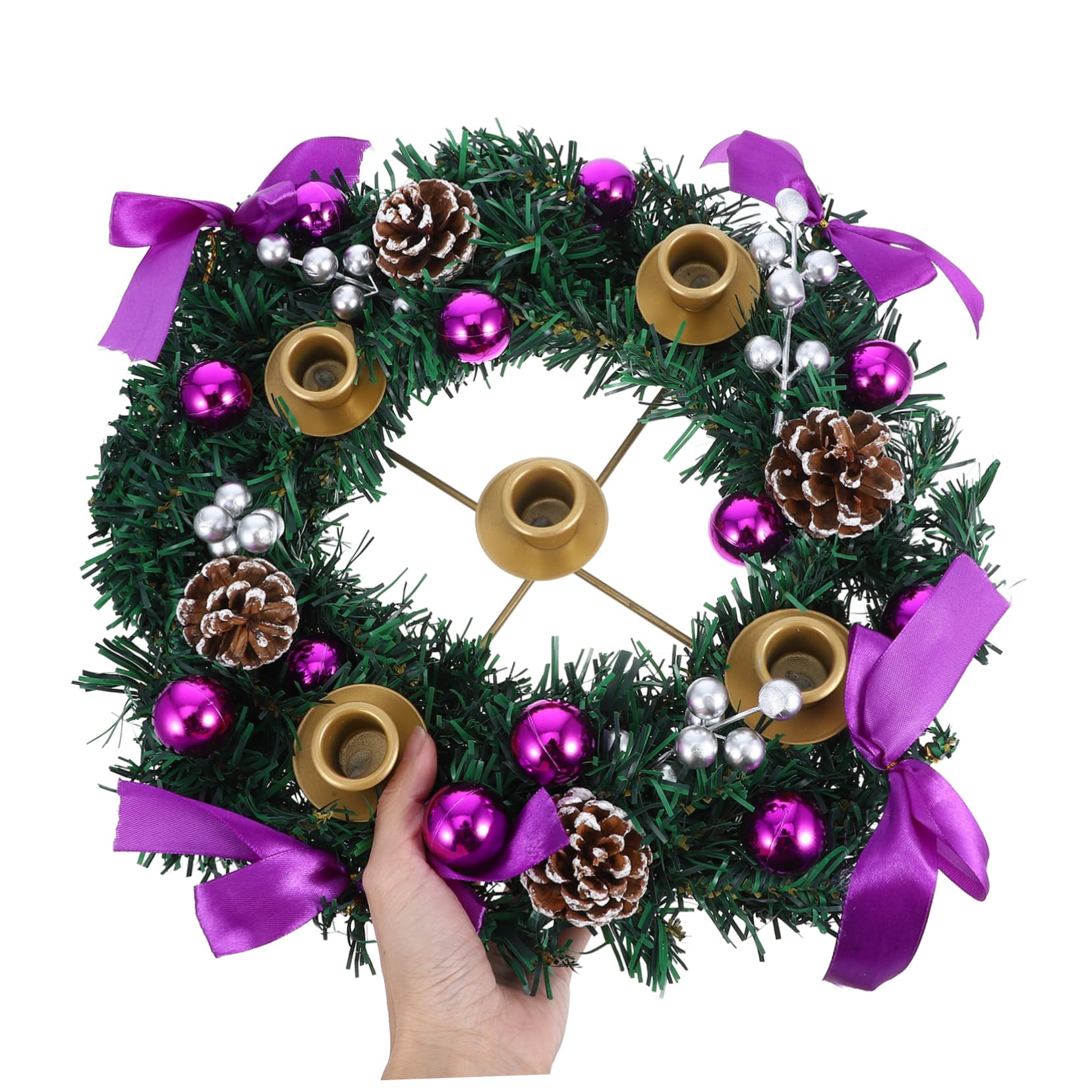 Chandelier en Pomme De Pin 5 Bougeoirs, Couronne De L'avent Artificielle en Plastique Et Fer, Porte-Bougies Pilier Violet avec Base Stable, Décoration De Centre De Table De Noël