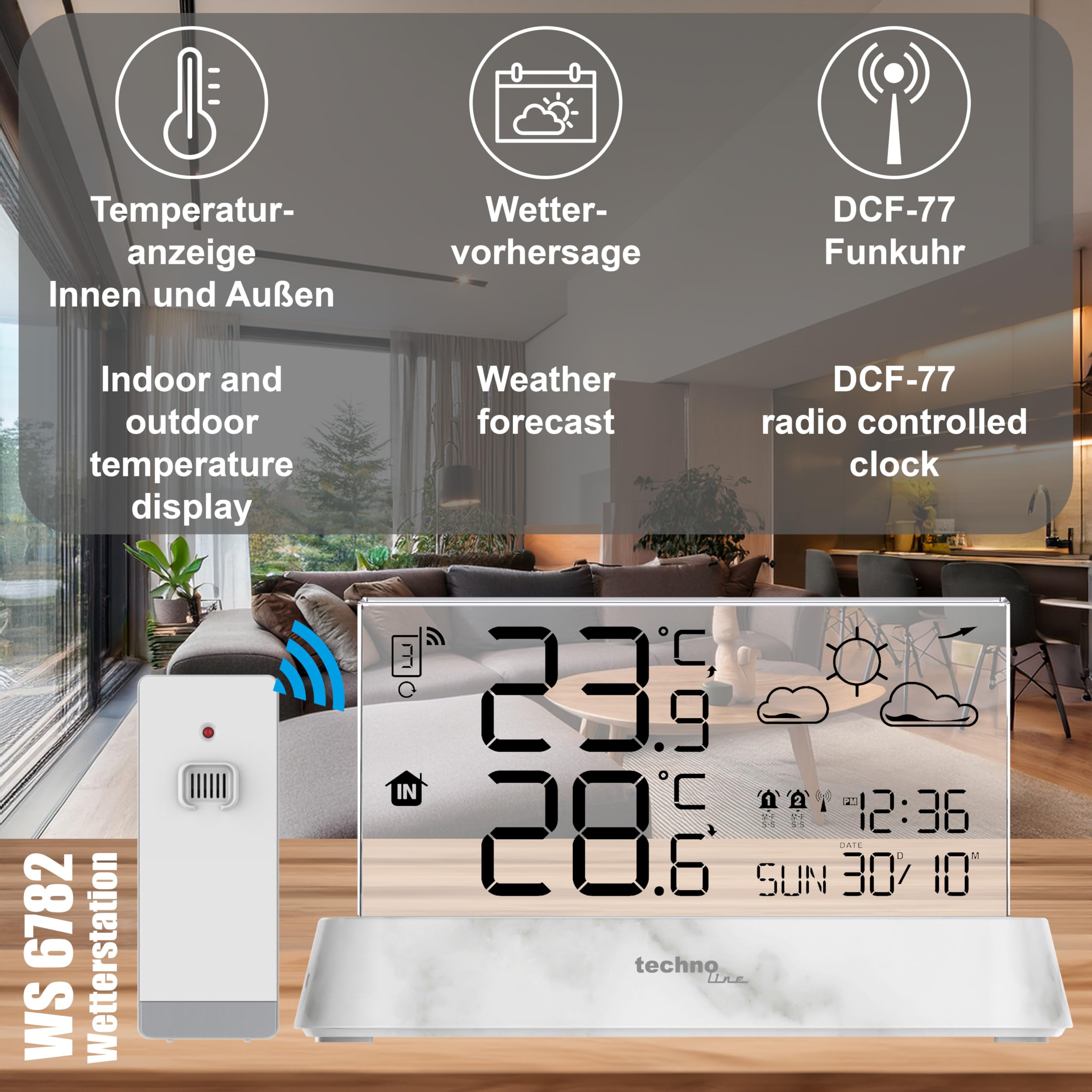 Technoline WS6782 – La station météo sans fil élégante avec écran transparent, température intérieure et température extérieure, et prévision météo précise