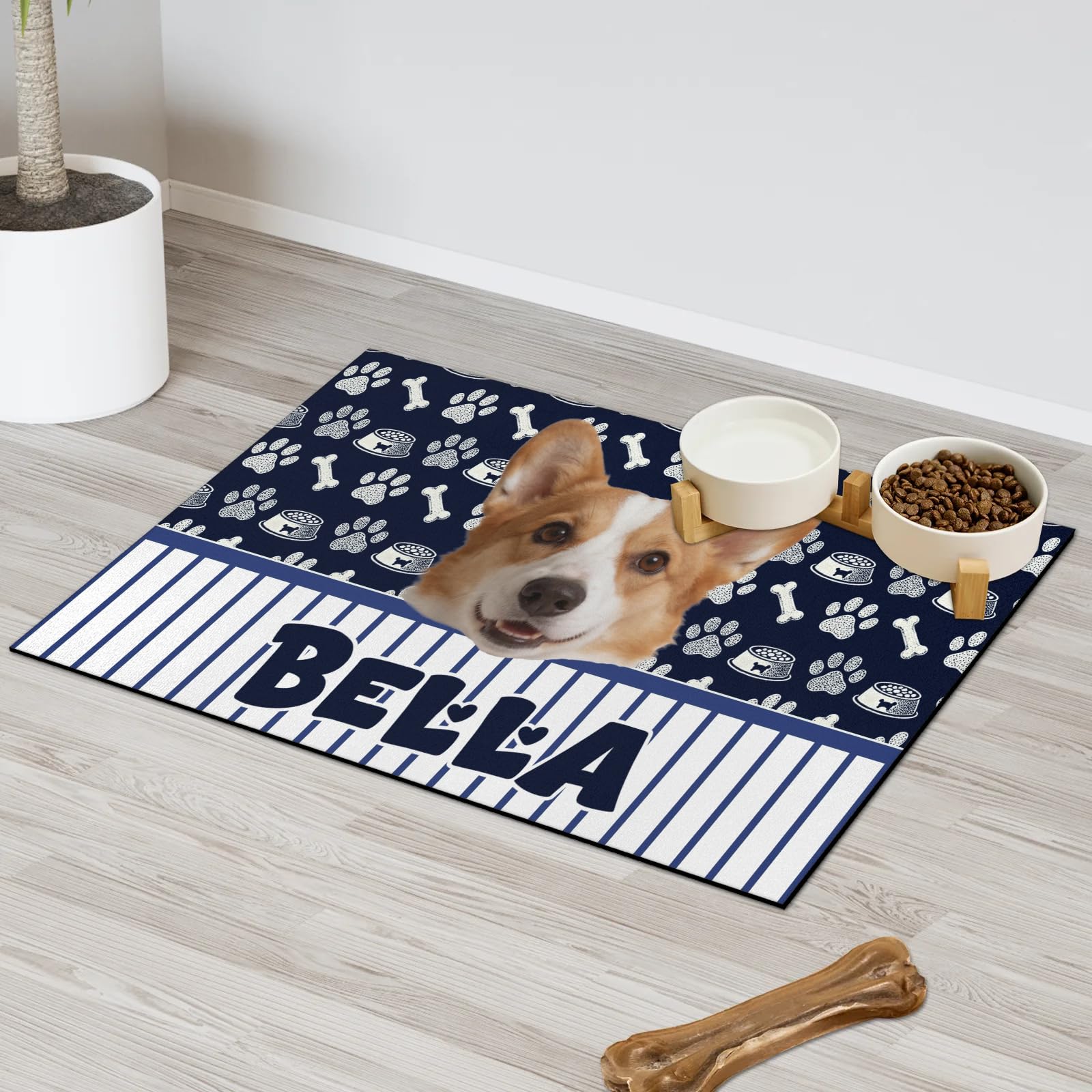 Personalised Pet Dog Cat Feeding Mat - Custom Photo & Name, Diatomite Absorbent Mat for Dogs Cats, Non-Slip Bowl Mat, Washable & Foldable, 4 Sizes | Striped Style — image 1
