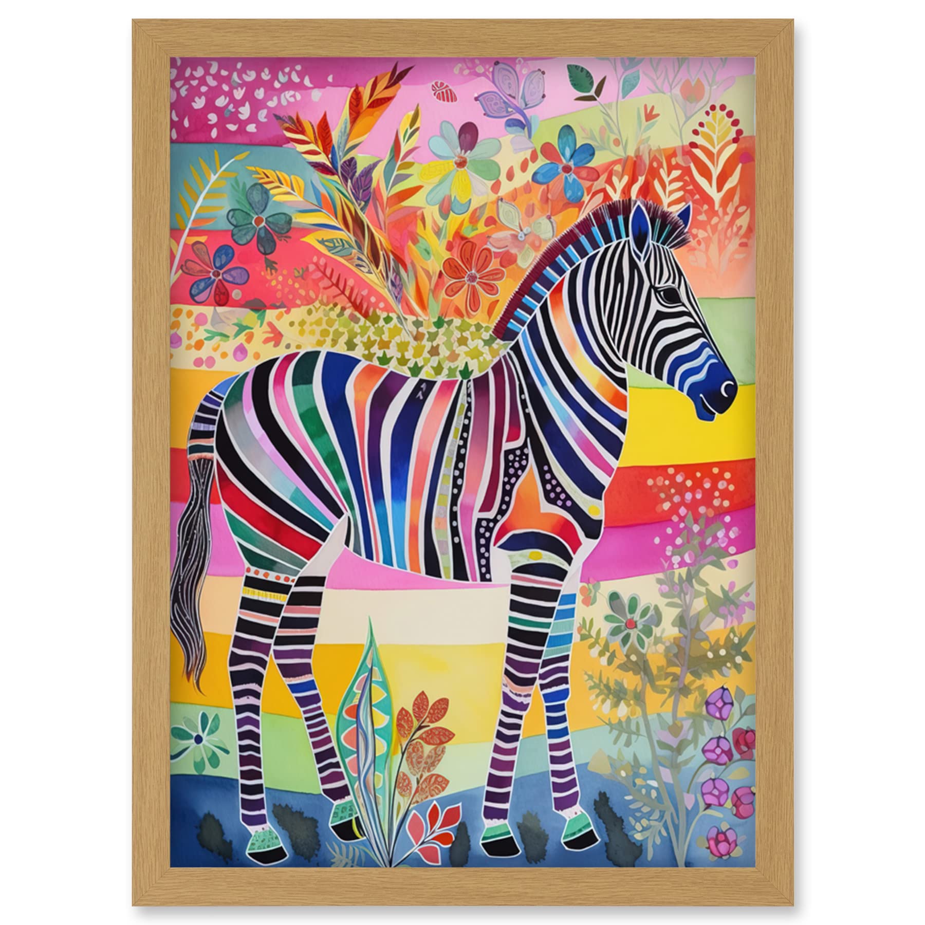 Artery8 Zebra Rainbow Floral Abstract Folk Art Artwork Framed Wall Art Print A4