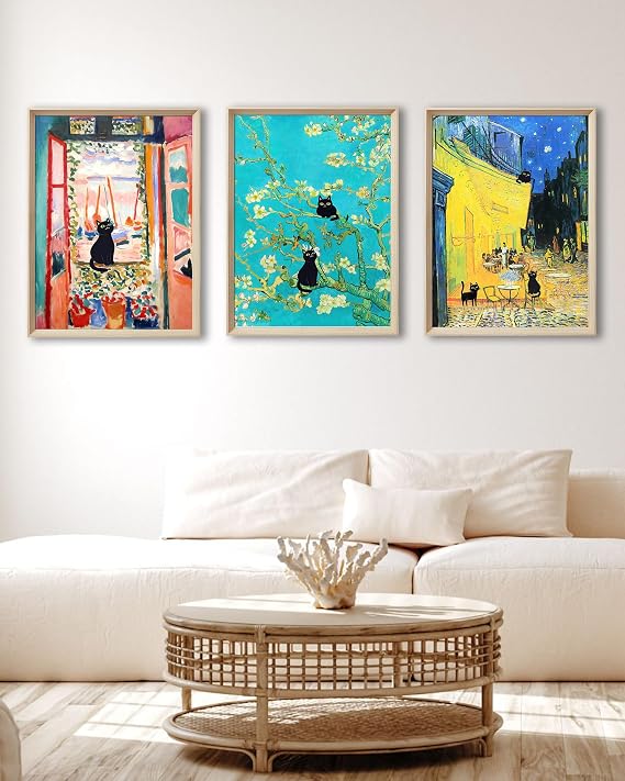 UPWOIGH 12x16 Wood Framed Wall Art, Black Cats Canvas Wall Decor, Set of 3, Henri Matisse and Van Gogh Prints Poster, Funny Cute Animal Pictures for Living Room, Bathroom, Gifts