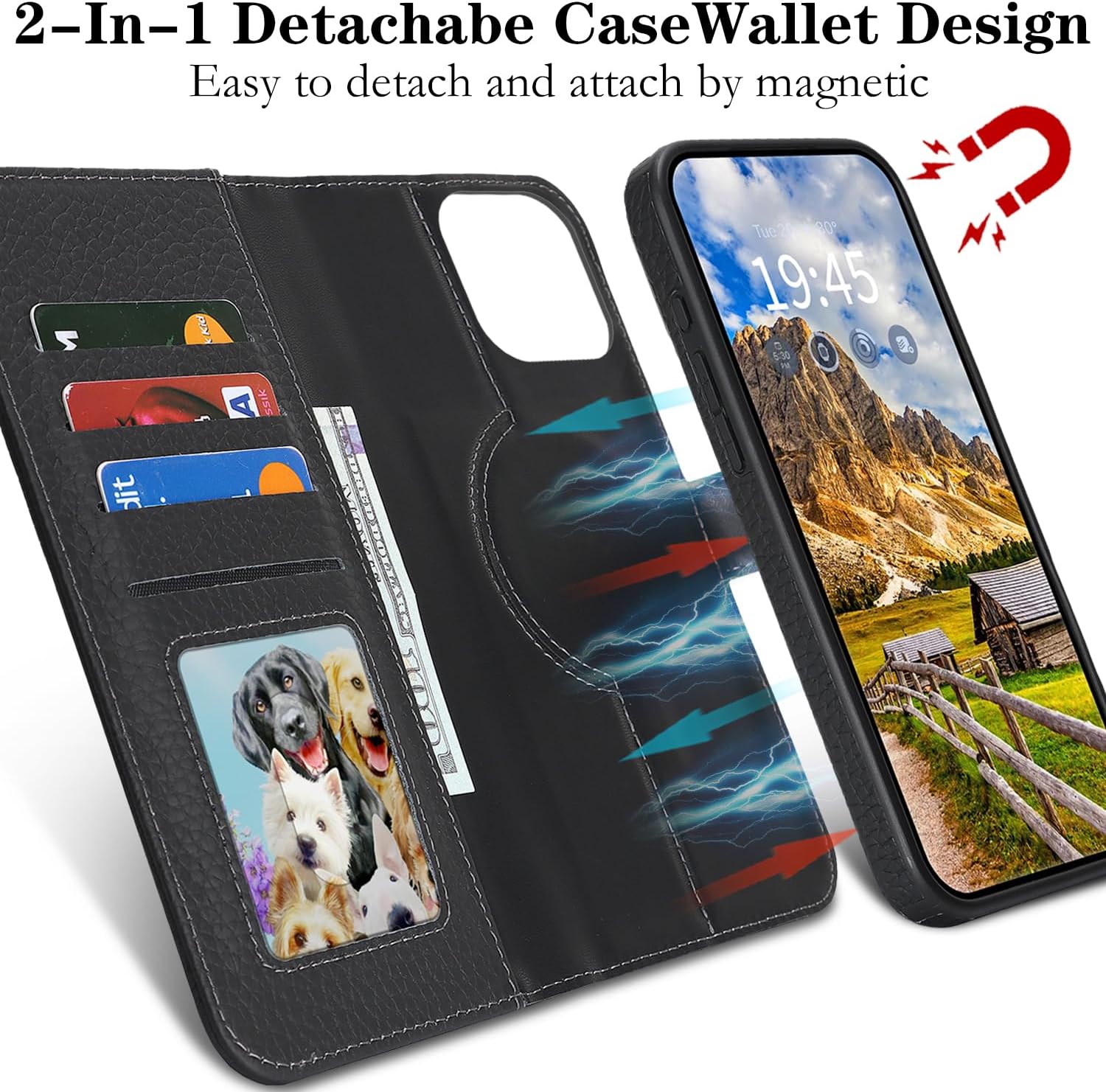 Detachable Genuine Leather Case for iPhone 16 Pro Max Wallet Case Magnetic 2in1 Removable Flip Cover Support Magsafe Charging Stand Function Card Holder Protective Cover-Black