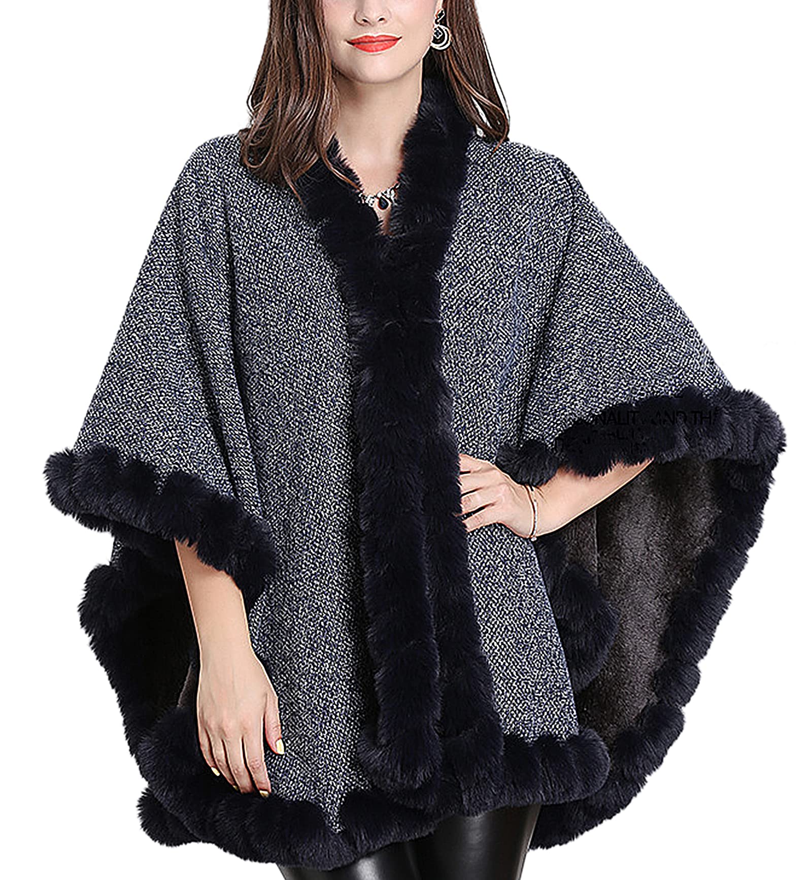 Wealish Women's Navy Cardigan Poncho Faux Rabbit Fur Cape Wrap Wool Warm Shawl,