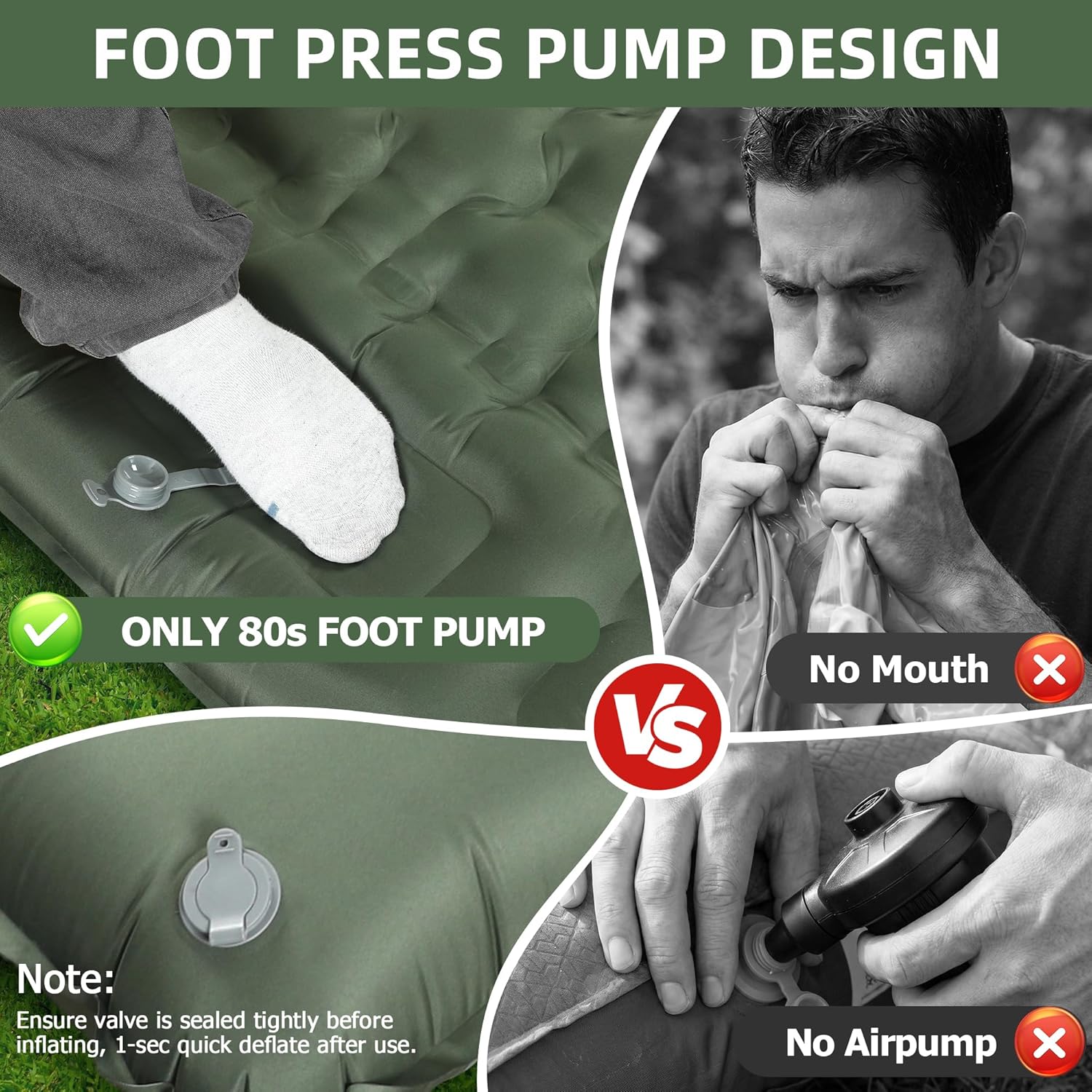 Camping Sleeping Pad, 4.7" Extra-Thick Camping Mattress with Pillow, Built-in Foot Pump Ultralight Inflatable Sleeping Pads for Camping Hiking Backpacking Traveling Tent, Military Green, Single
