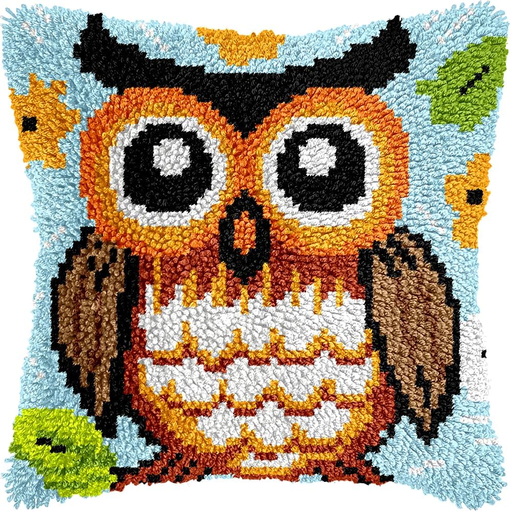 Grey Cartoon Owl DIY Latch Hook Pillow Kit for Adults Throw Pillow Cover with Printed Canvas Crochet Yarn Needle Craft Easy DIY Handmade Cushion for Christmas Decoration 43x43cm(2)