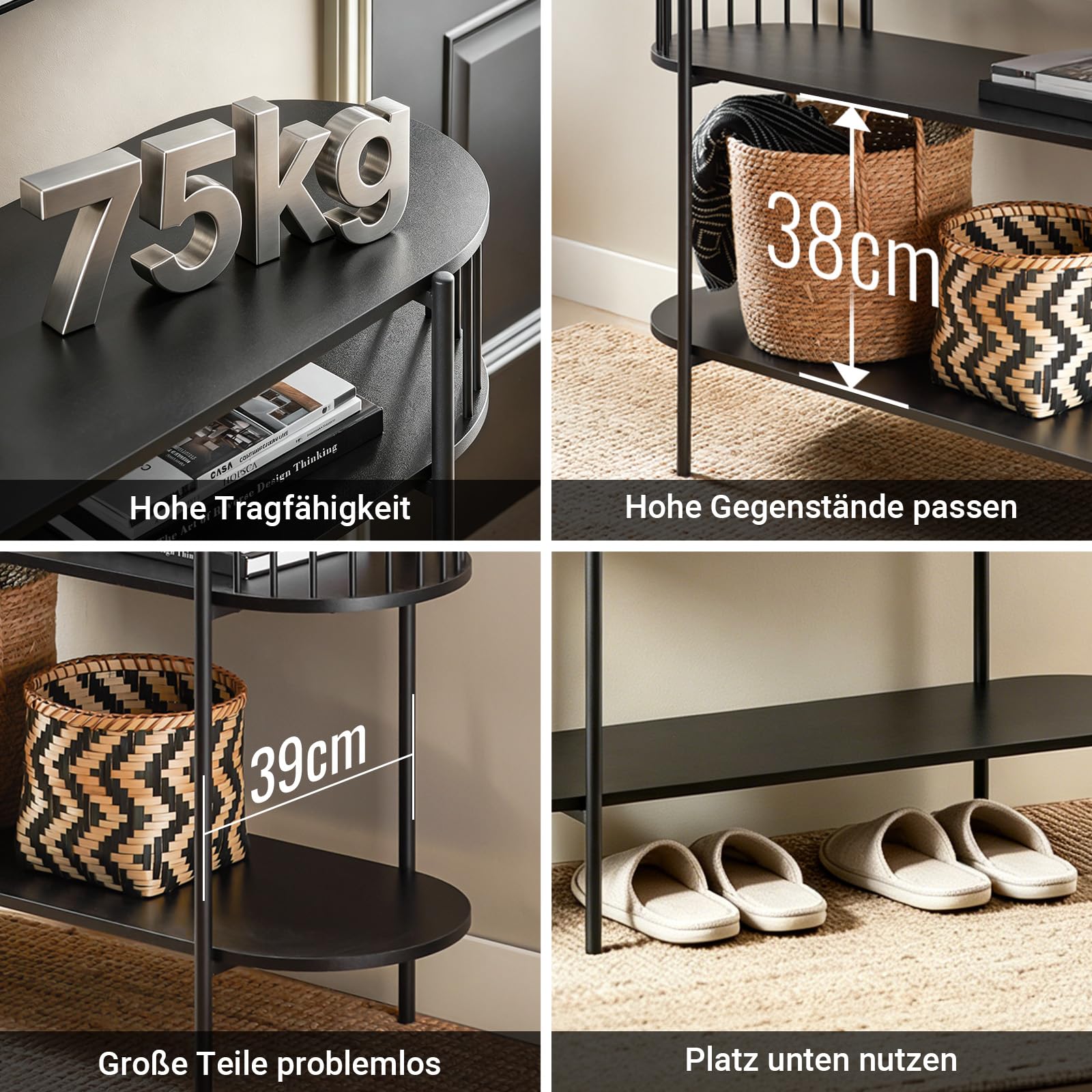 SoBuy Konsolentisch Metall mit 3 Ablagen, Konsole Holz im Modernen Schwarz für Flur, Wohnzimmer oder Esszimmer, Großer Stauraum für Familien, L110 x T39 x H76 cm, FSB90-SCH