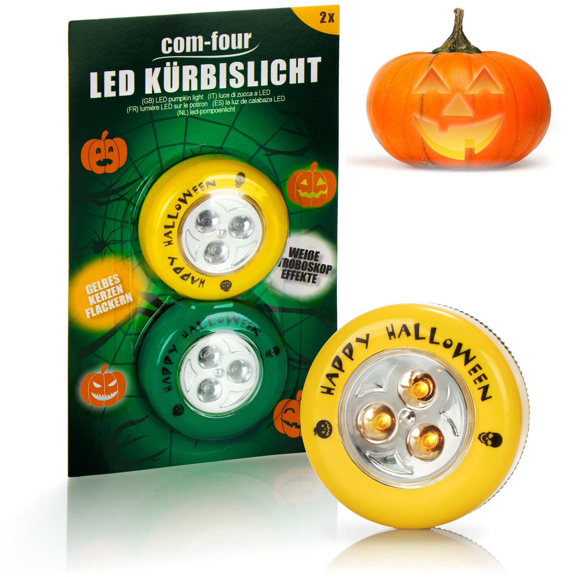 Com-Four Set Led - Gelb + Grün Com-Four® 2X Led Lights For Halloween - Flashing Pumpkin Led Lights For Hollowed Out And Carved Pumpkins - Pumpkin Lamp For Halloween (Set Led - Gelb + Grün)