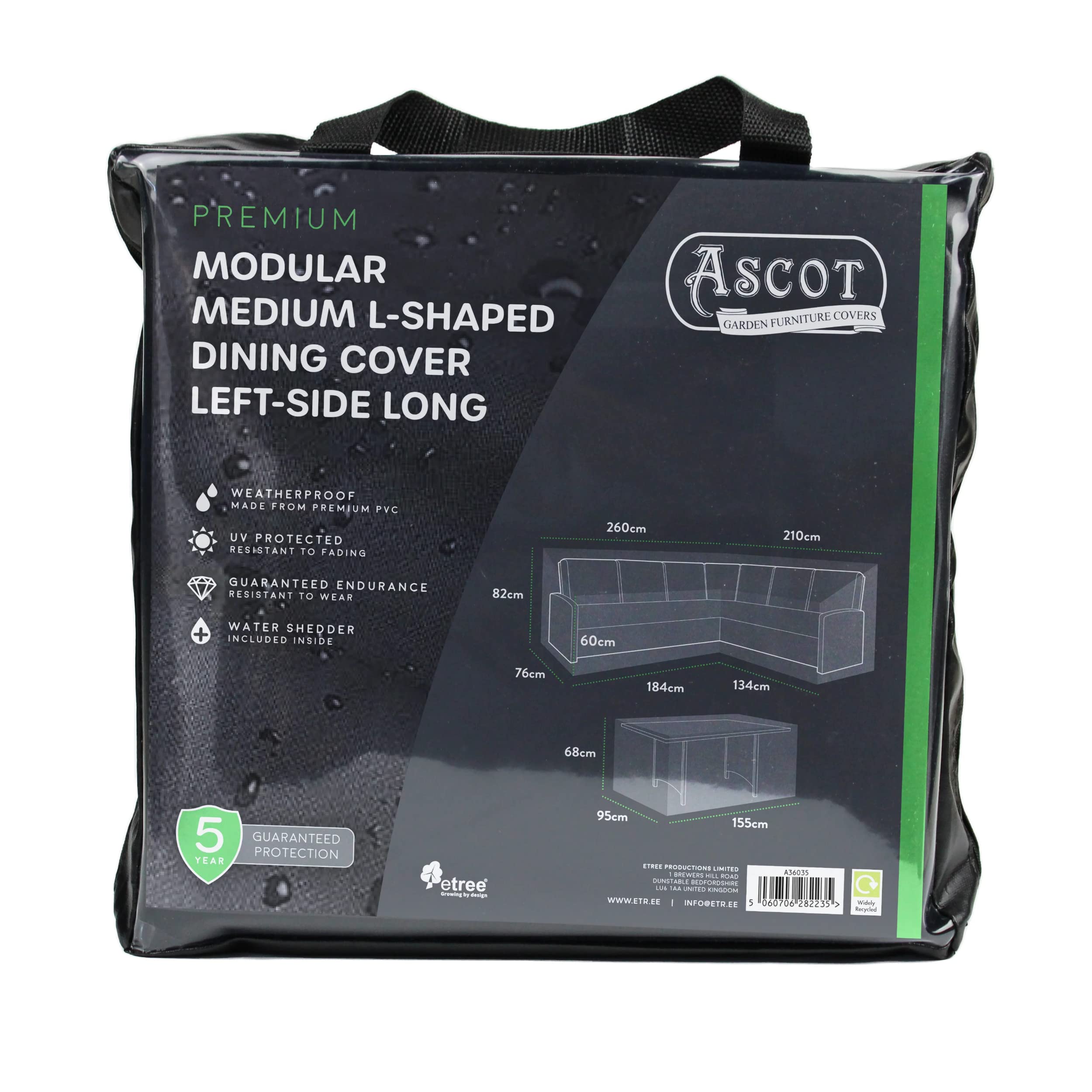 Ascot Garden Furniture Covers Black Ascot Premium Modular Medium L Shaped Dining Cover (Left Side Long) - 260/184 X 210/134 X 76 (D) X 60/82 (H) Table: 155 X 95 X 68 H Deep