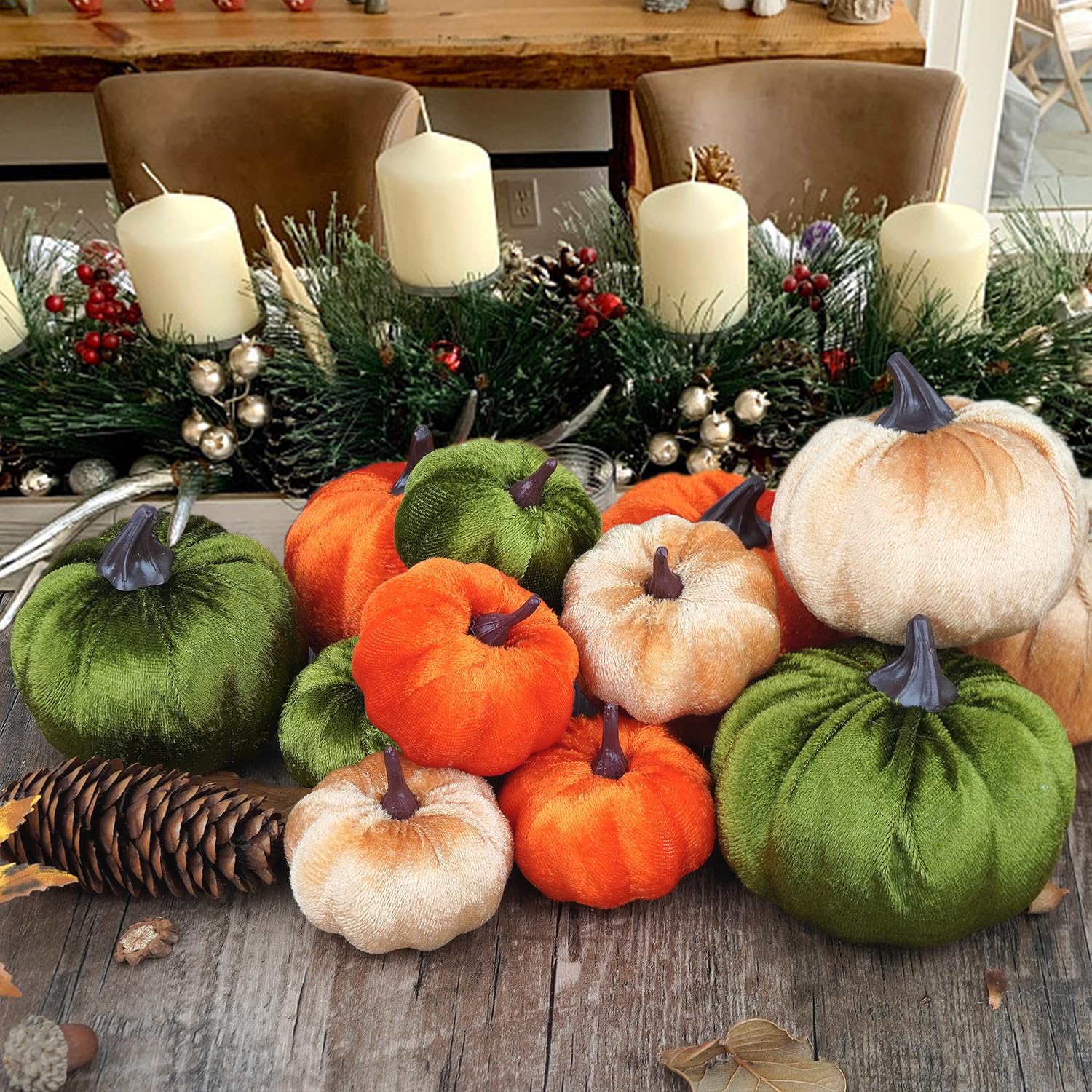 Ywlake 12 Pcs Artificial Pumpkins Assorted Sizes Fake Fabric Harvest Pumpkin Set Orange Green Khaki Foam Pumpkin for Fall Autumn Thanksgiving Halloween Decoration - Image 2