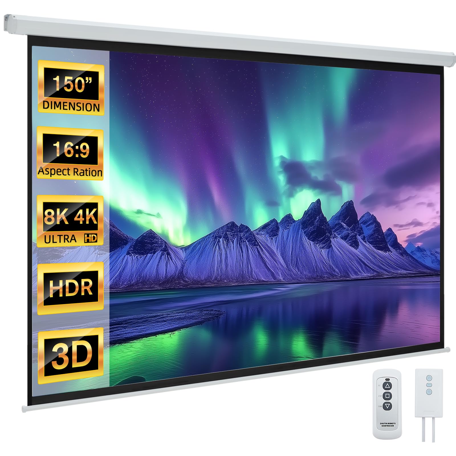 Photo 1 of YODOLLA 150" Projector Screen Motorized 16:9, 4K HD Pull Down Retractable Projection Screens Electric Automatic Wall Ceiling Movie Screen for Office Classroom Indoor with Remotes