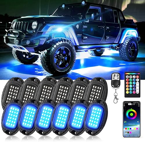 12Pods Metal RGB LED Rock Lights con Bluetooth APPRF Control Remoto 288LED Multicolor Underglow Kit de luces subterráneas con modo de música de