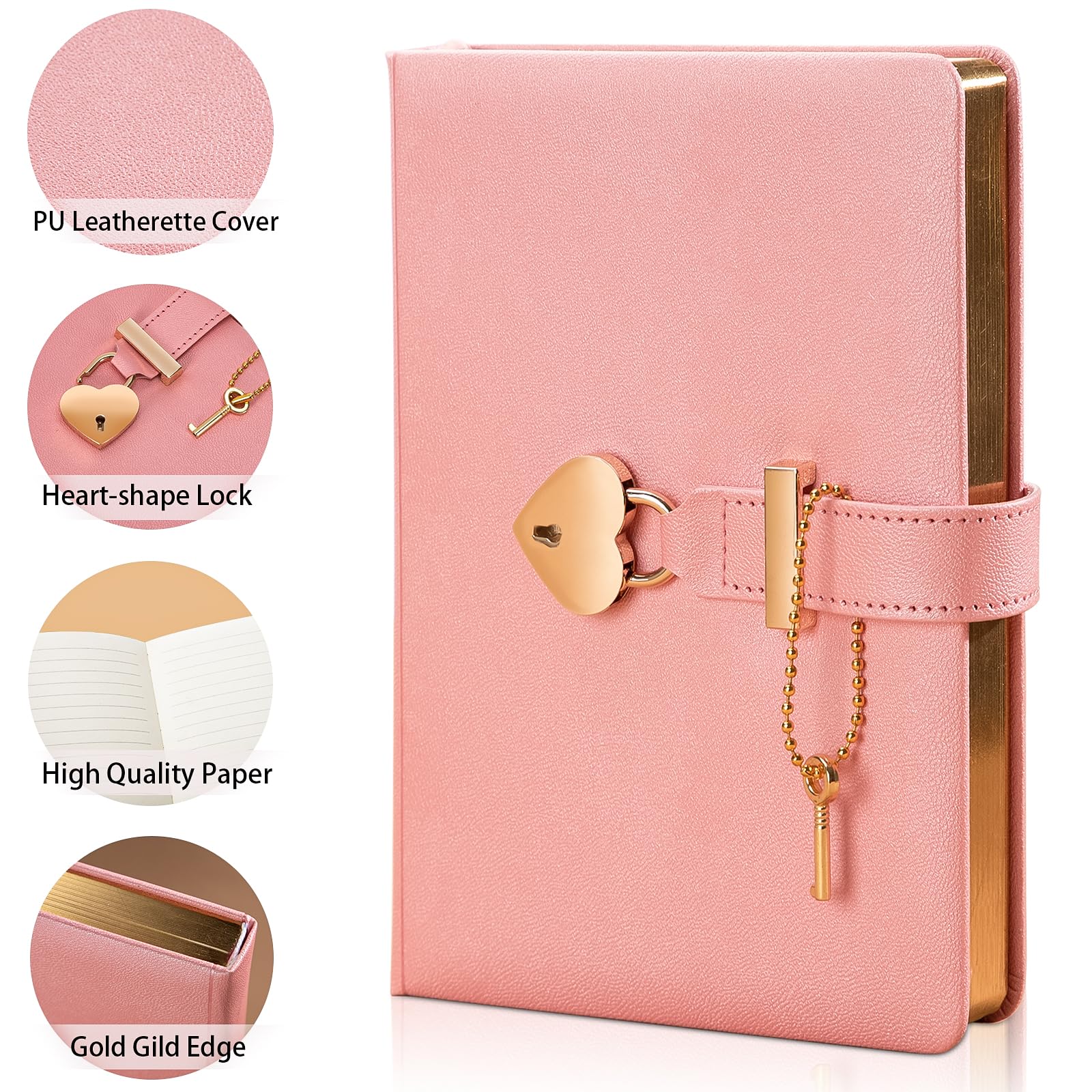 HOTKMB Notebook A6 Journal With Heart Shaped Lock + Heart Ballpoint Pens PU Leather Cover Personal Planner Organizers for Girls and Women Gold Rose - Image 2