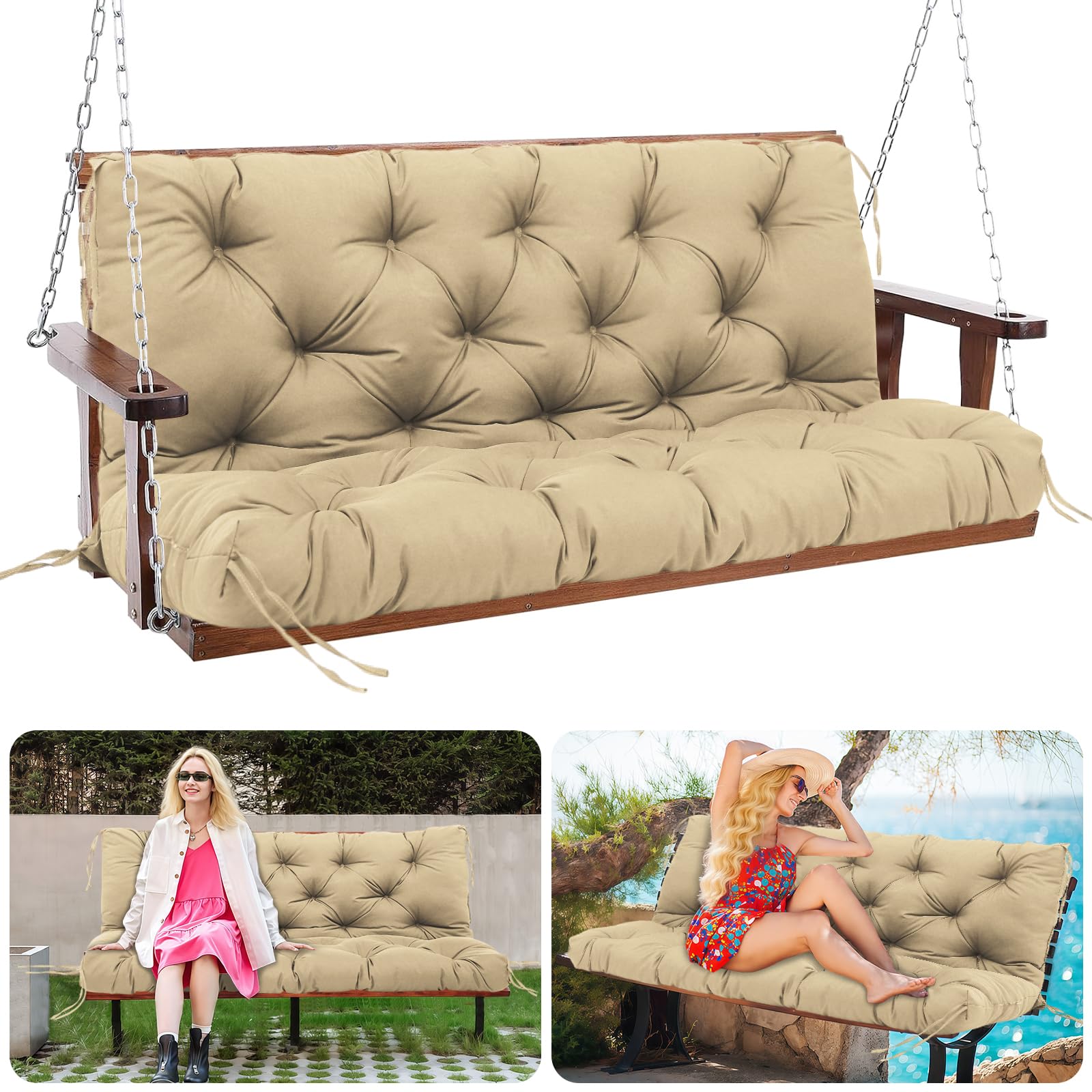 MQGHJ Garden Swing Cushions 3 Seater 12cm Thick Outdoor Bench Cushions Waterproof 150cm Swing Seat Cushions with Backrest Replacement Outdoor Swing Cushions for Patio Porch(Khaki-150x100cm)
