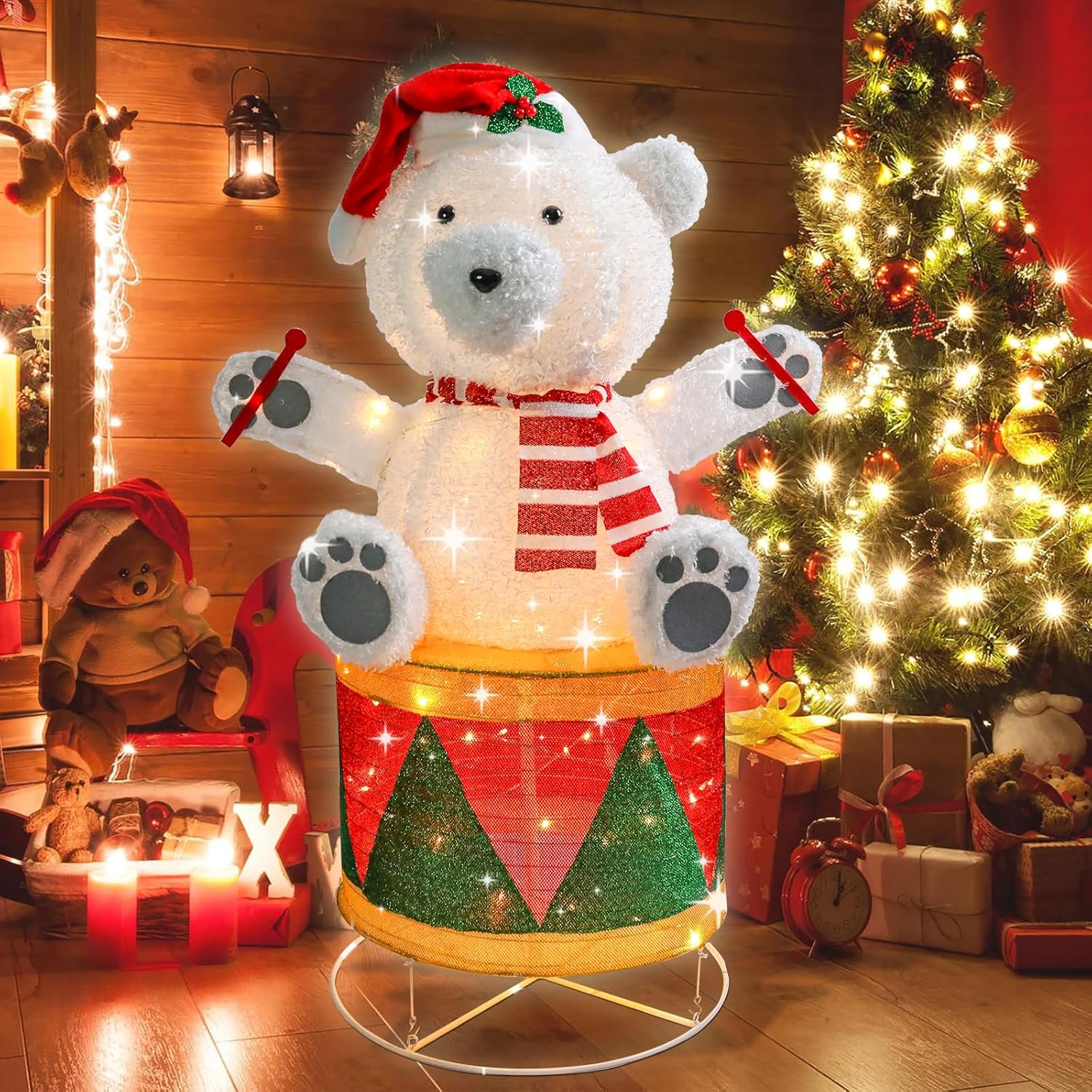 MUMTOP Christmas Decorations Outdoor Yard, Drumming Polar Bear Outdoor Lighted Holiday Displays, Collapsible Tinsel Pre-lit Light UP Christmas Decoration for Indoor, Outdoor, Party, Home Decor Gift