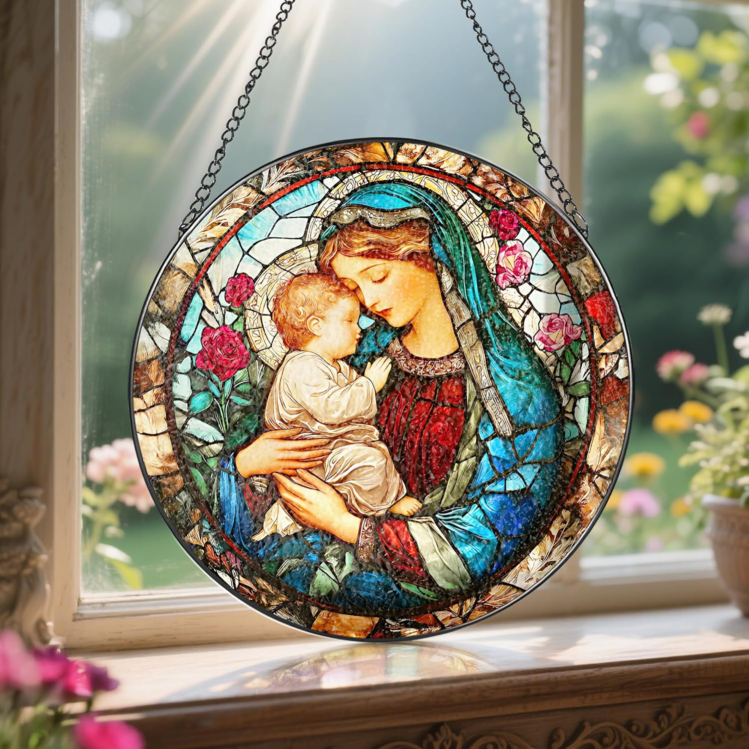 8 Inch Virgin Mary Stained Glass Suncatcher, Stained Glass Window Hanging, Christian Window Hanging Decor, Suncatchers for Windows Door Home Decor and Christmas, Christian Gift, Religious Gift - Image 5
