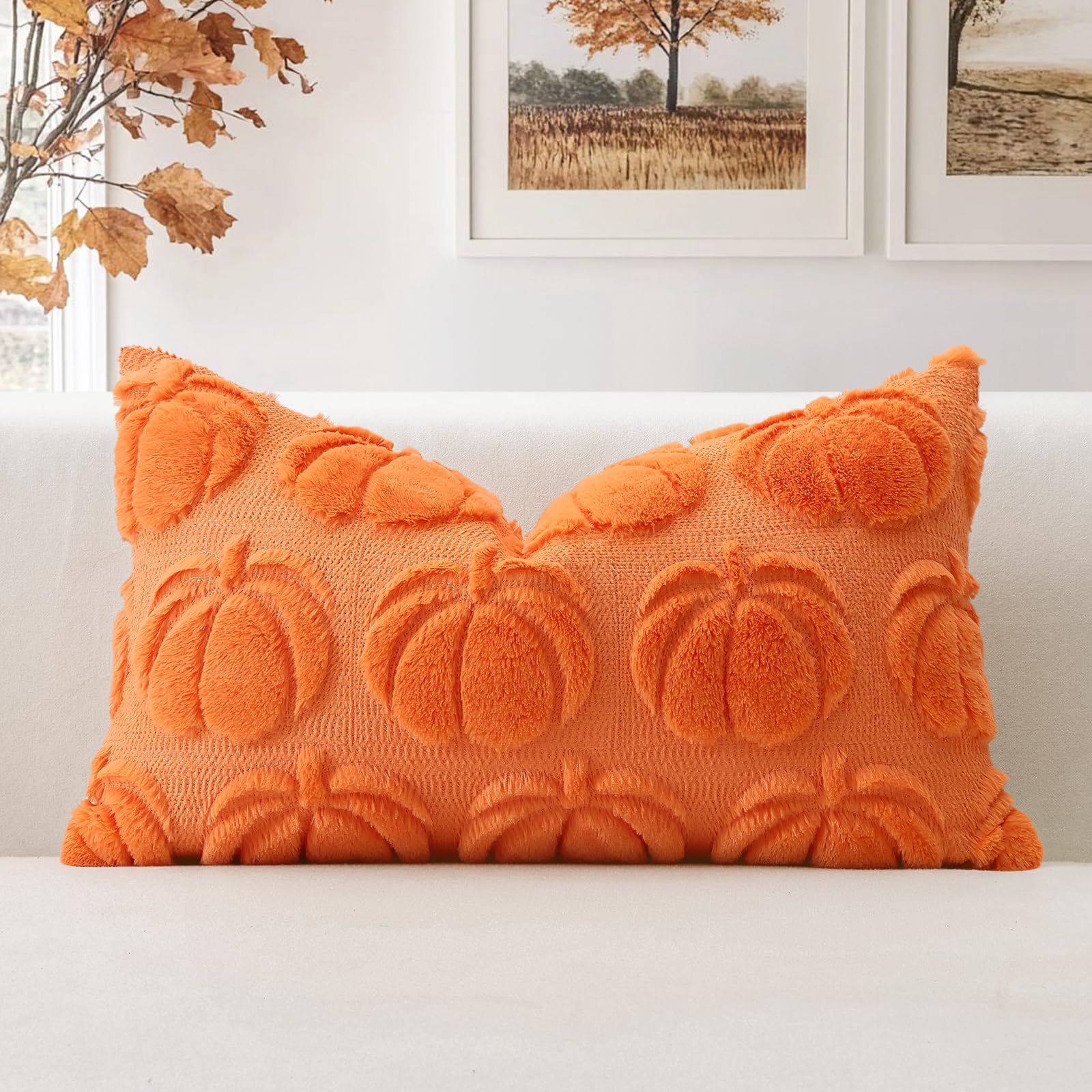 Artscope Fall Cushion Cover Set of 1 Autumn Pumpkin Throw Pillow Covers for Sofa Couch Bed Living Room Soft Plush Short Wool Velvet Farmhouse Pillowcase for Halloween 30x50cm Orange — image 1