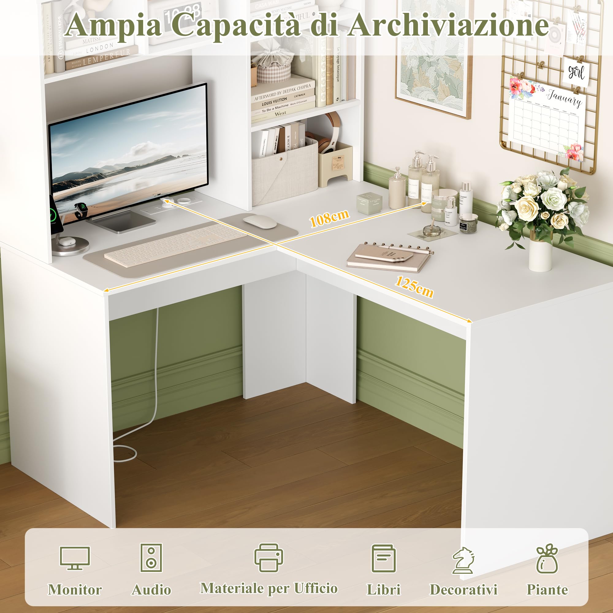 FirFurd Scrivania Angolare con Libreria, 2 Prese AC e 2 Porte USB, Scrivania per Computer ad Angolo a Forma di L, Scrivania ad Angolo per PC con Ripiani in Legno per Ufficio e Casa 108x125x153 cm