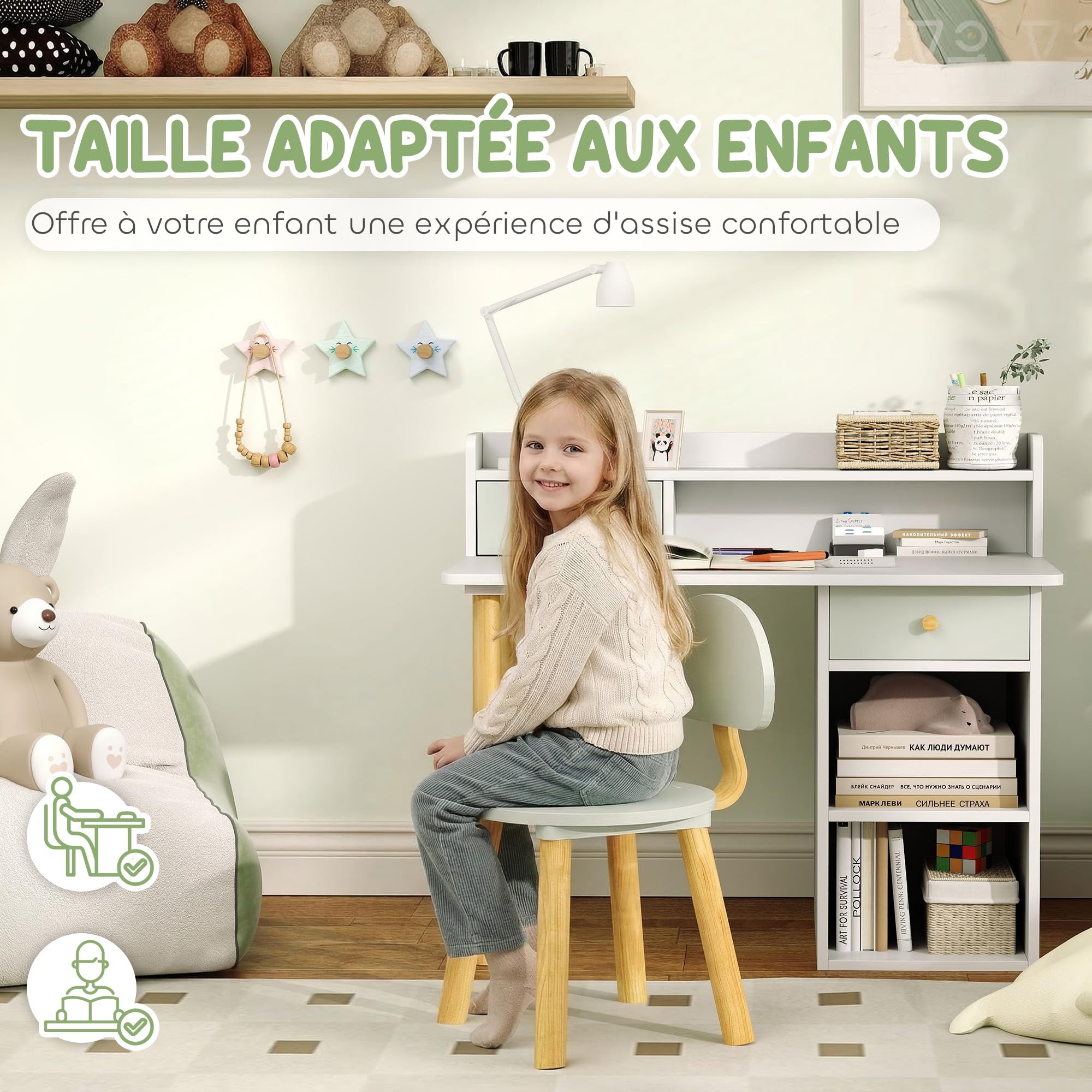 AIYAPLAY Bureau Enfant avec Chaise, Table et Chaise avec 2 Tiroirs, Large Plateau et Étagères Ouvertes, Table pour Étude, Travail et Écriture, pour Garçons et Filles de 3 à 8 Ans, 85x48x73cm, Vert