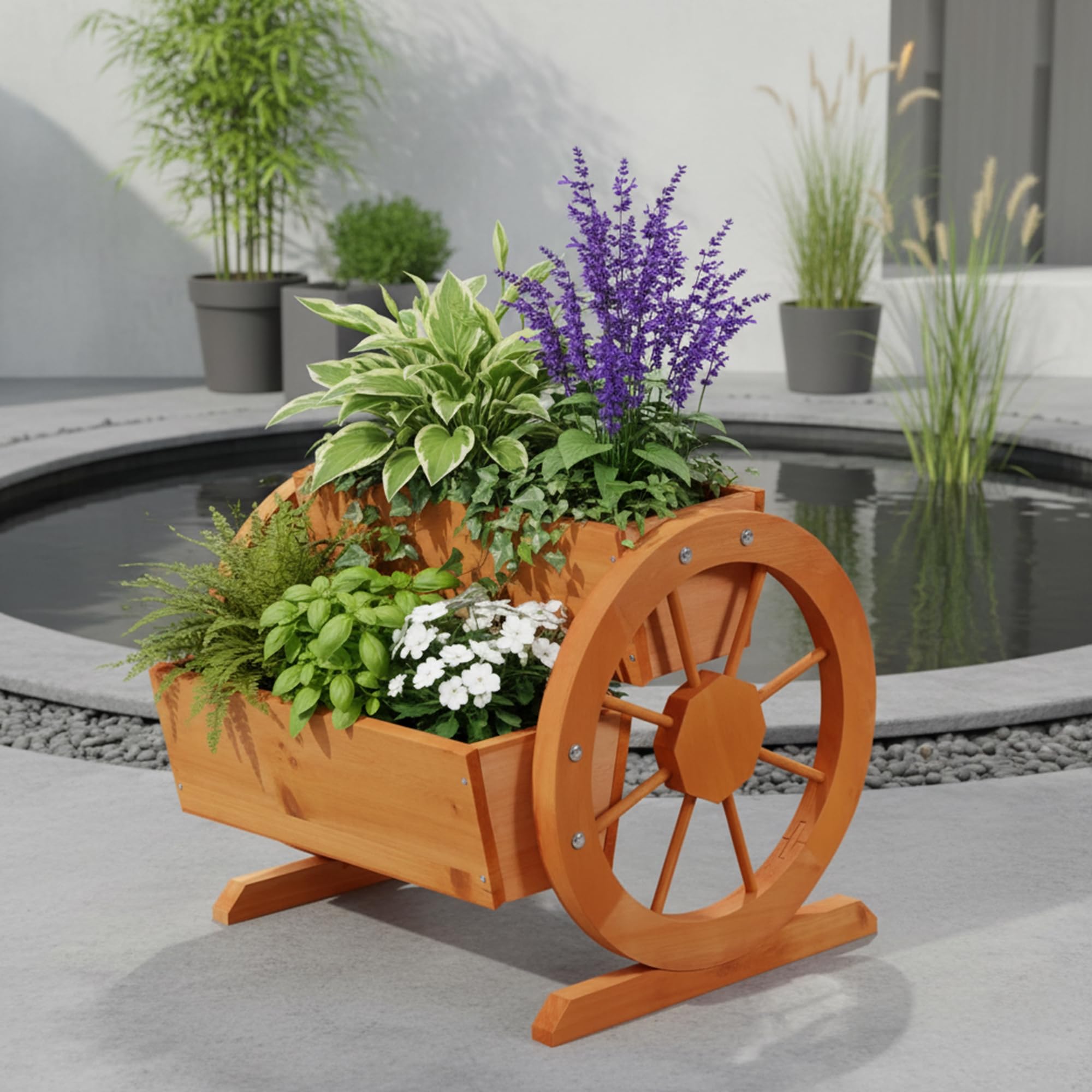 Mucola Pflanzkübel mit Wagenrädern aus Fichtenholz 44x42x40cm – Dekorativer Blumenwagen im Landhausstil mit 2 Pflanzfächern für Garten und Terrasse, Gartendeko Nostalgisch, Natürliche Holzoptik