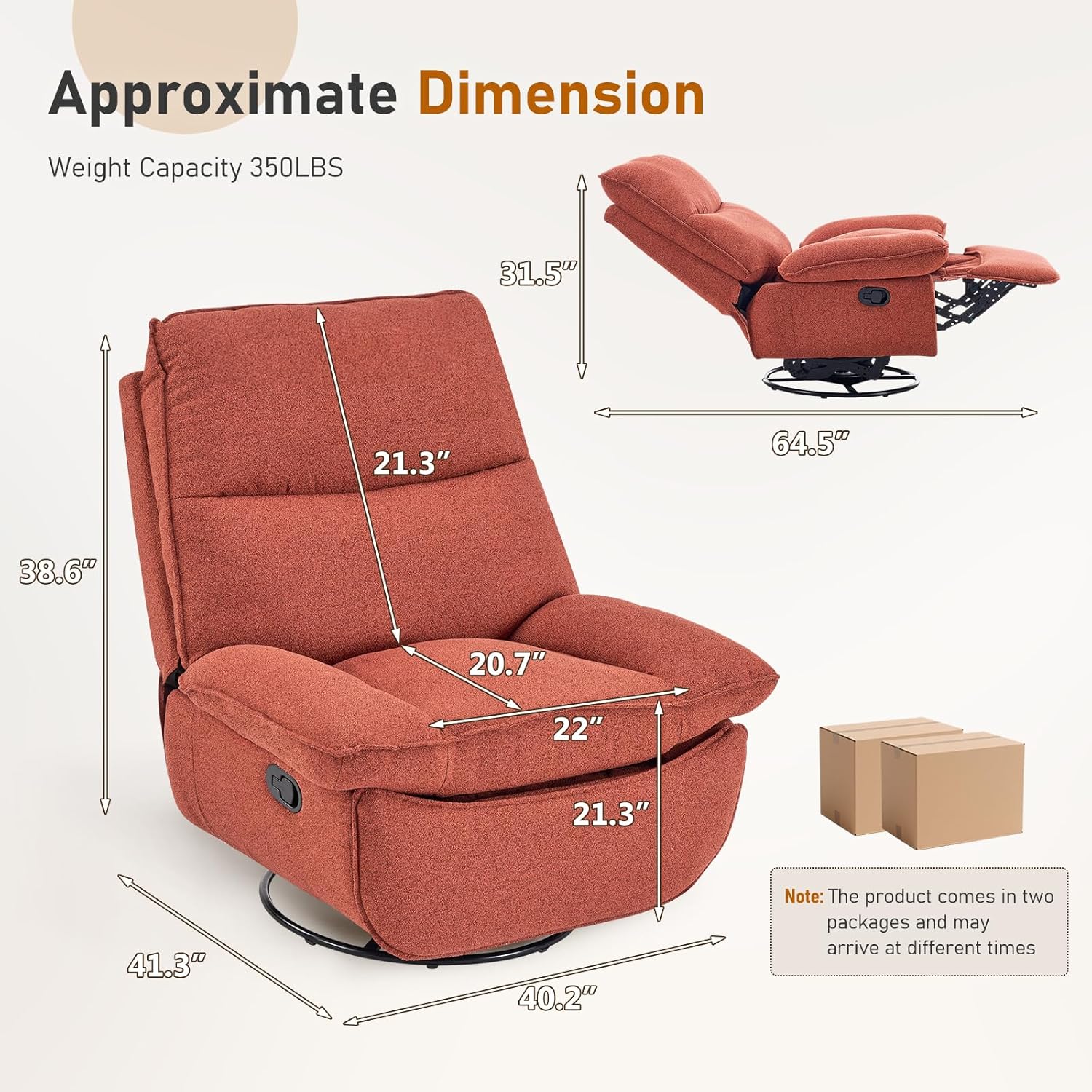 Furnimart Swivel Oversized Recliner Chair, Extra Wide Manual Recliner Chair for Adults, Nursery Glider Rocking Chair Comfy Reading Chair with Side Storage for Living Room, Chenille Burnt Orange