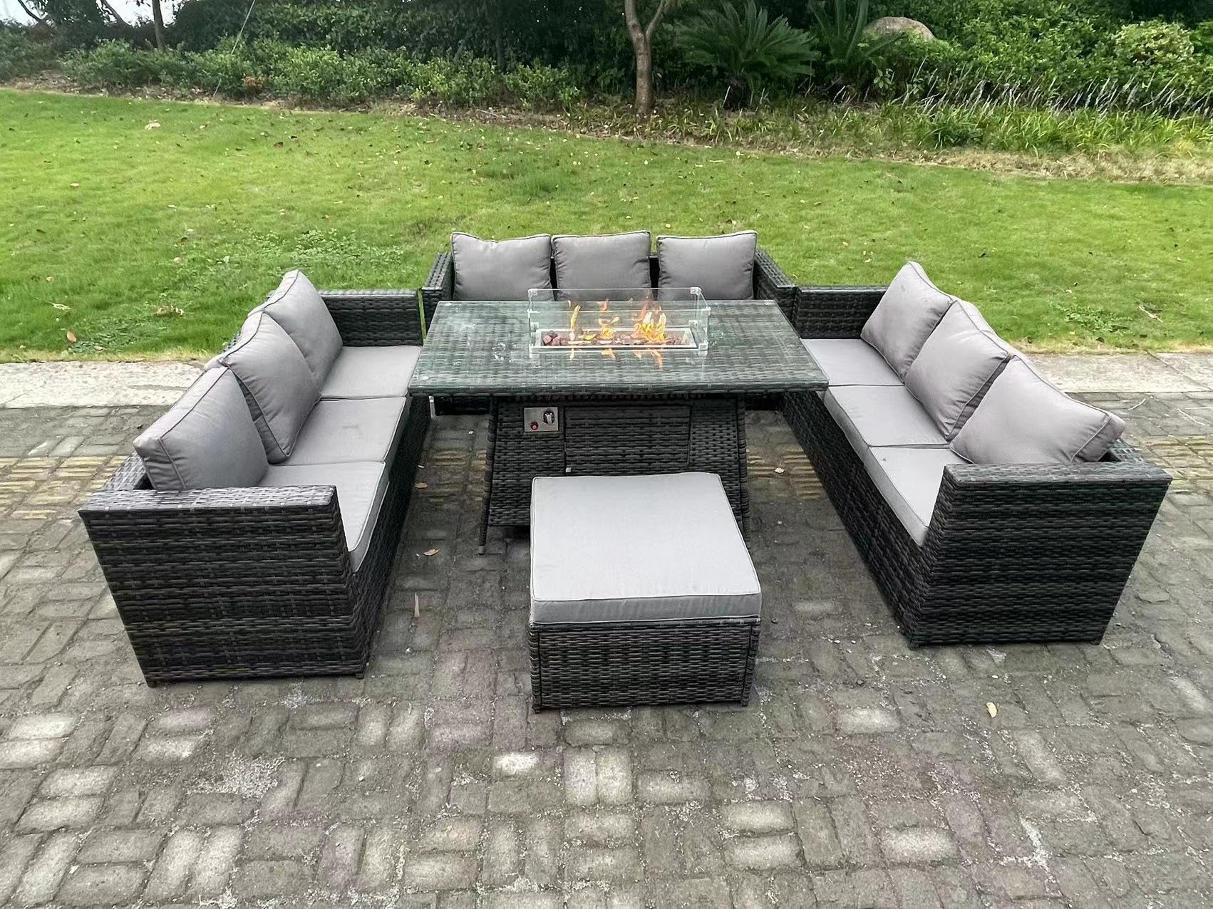 FMSGarden Rattan Garden Furniture Sofa Set Outdoor Patio Gas Fire Pit Dining Table Gas Heater Burner With Big Footstool 10 Seater Dark Grey Mixed