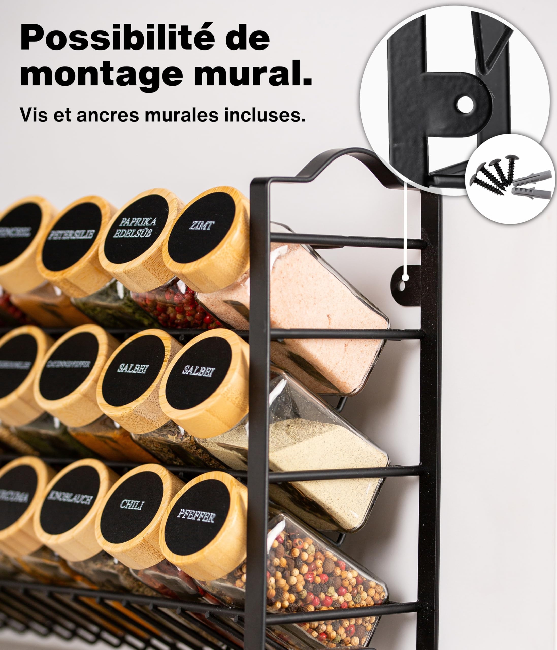 Deco haus® Étagère à Épices & Bocaux - Rangement et Organisation de Cuisine & Maison - Métal, 3 Niveaux - 24 Pots 48 Étiquettes 1 Brosse 1 Entonnoir & Crochets - Autoportante/Murale - Noire