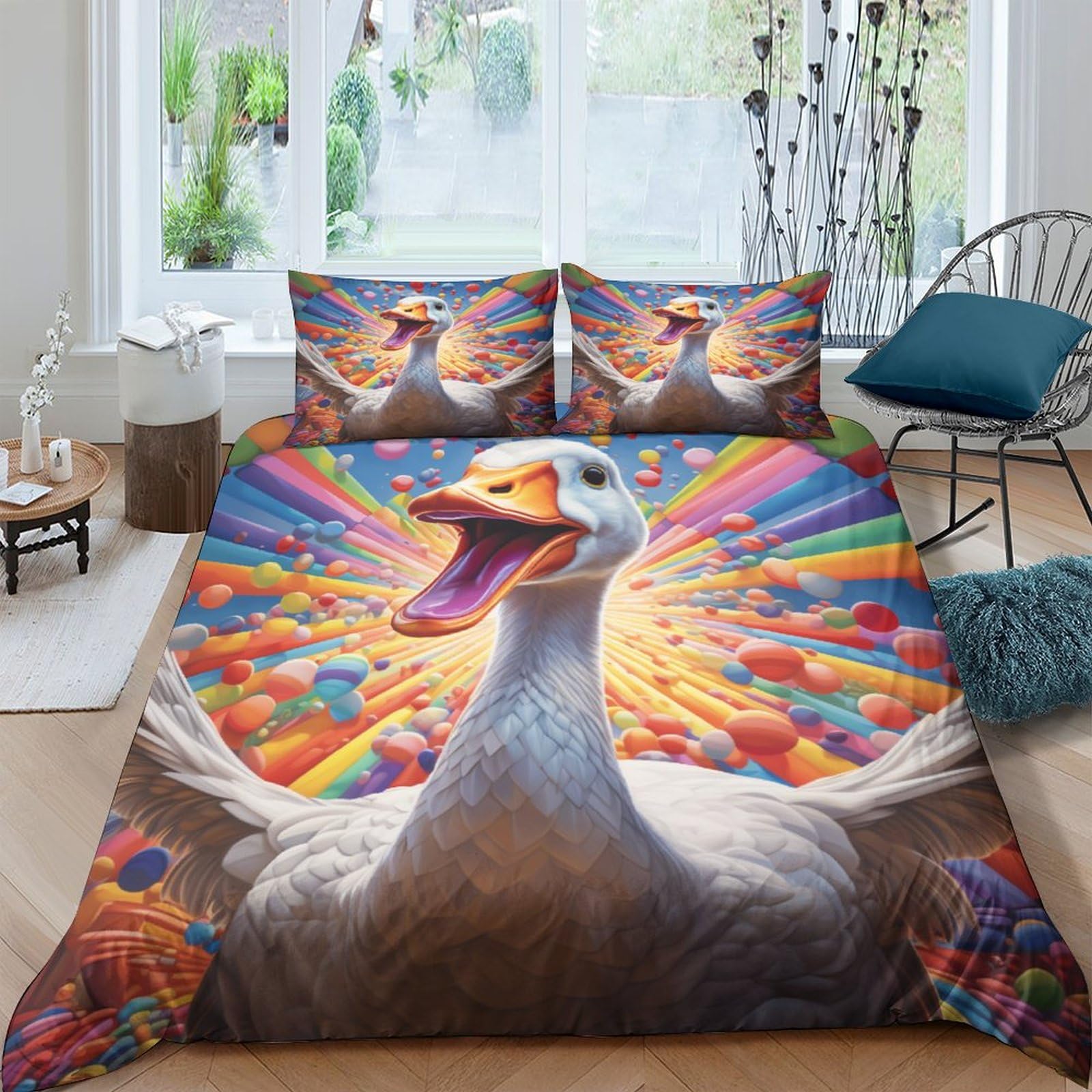 Housse de couette canard 3D pour chambre d'enfant et ado parure de lit 200x200cm ambiance nature