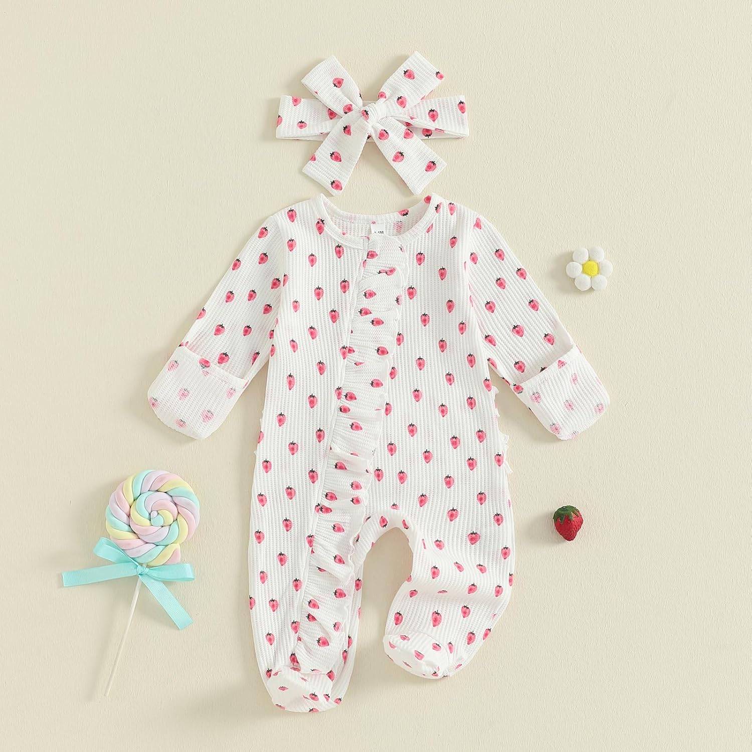 Yoawdats Newborn Baby Girl Clothes Cute Sleep&Play Footie Sleepers Romper Pajamas Strawberry Floral Print for Fall Winter - Image 2
