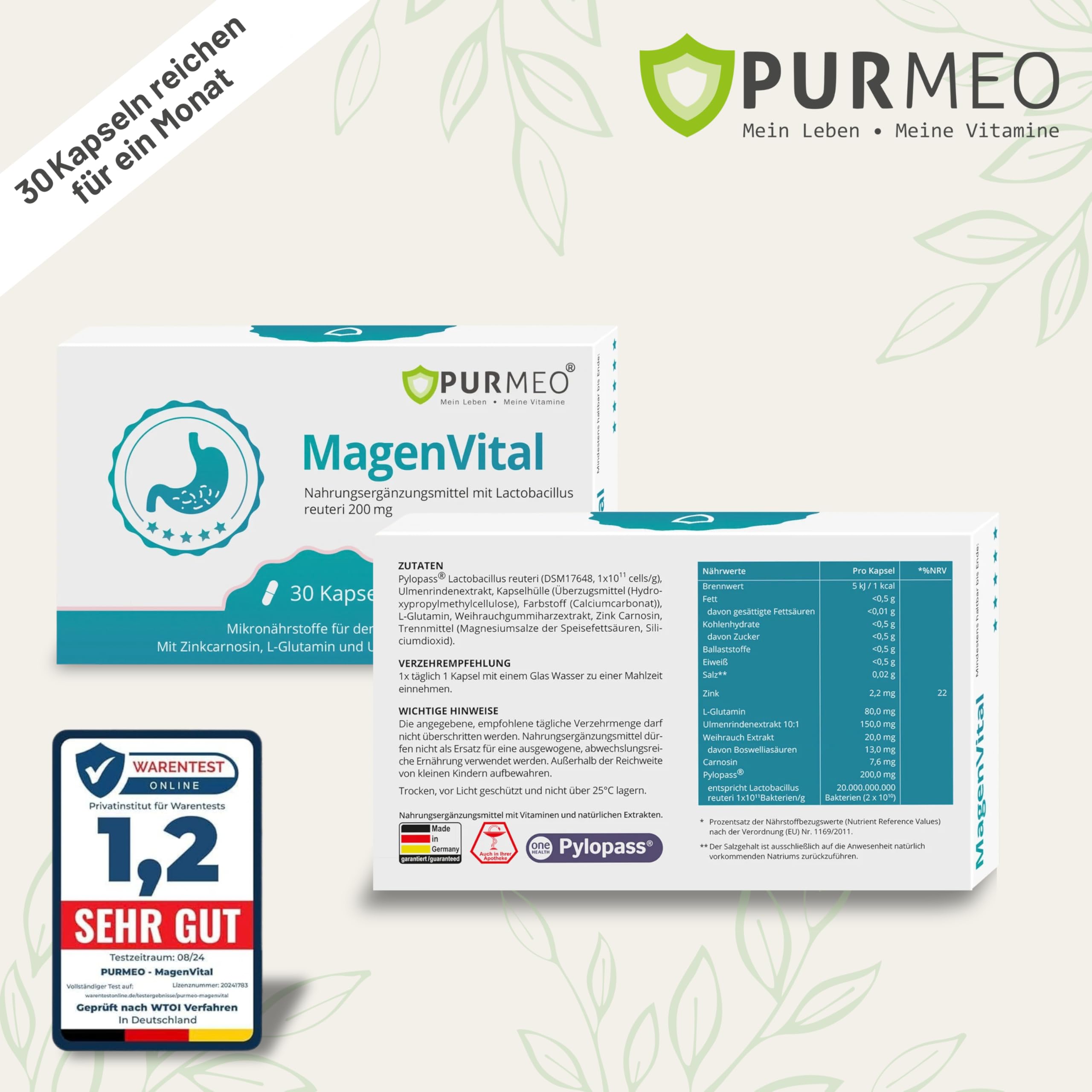 PURMEO® MagenVital – L'original – 200 mg de pylopass®, 30 gélules – estomac, intestin, lactobacillus reuteri, équivalent à 20 milliards d'UFC par dose quotidienne, hautement dosé, végétalien, sans