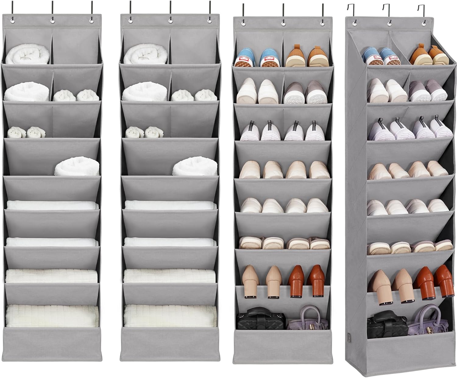 4 Pack Shoe Organizer with 6 Extra Large Pockets and 4 Large Pocket, Over the Door Sturdy Closet Storage Rack, Hanging Shoe Organizer for Shoes, Sneakers, Grey